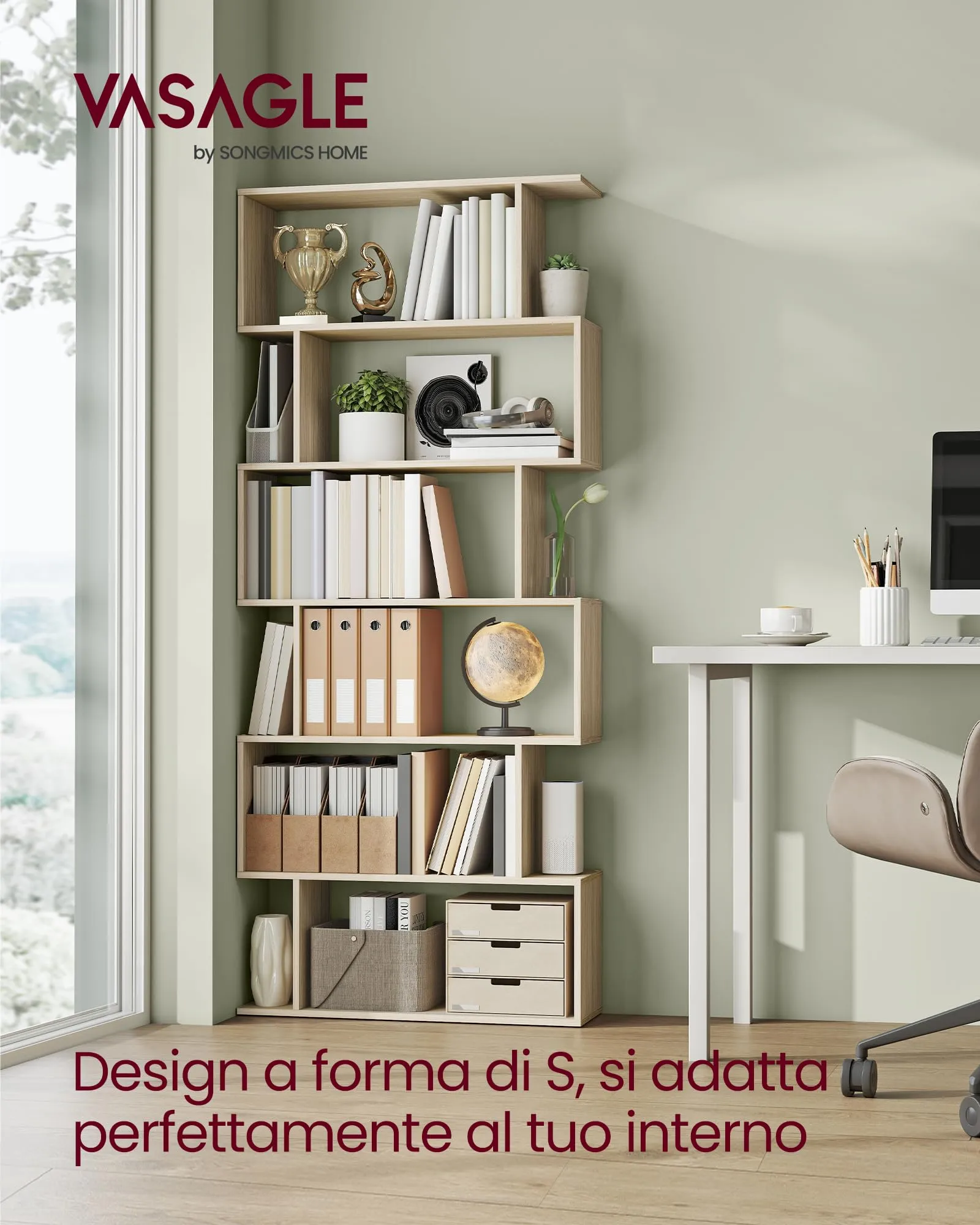 VASAGLE CUSTOS Libreria a 6 Ripiani, 24 x 70 x 191,6 cm, Beige Naturale LBC061L01 - immagine 3