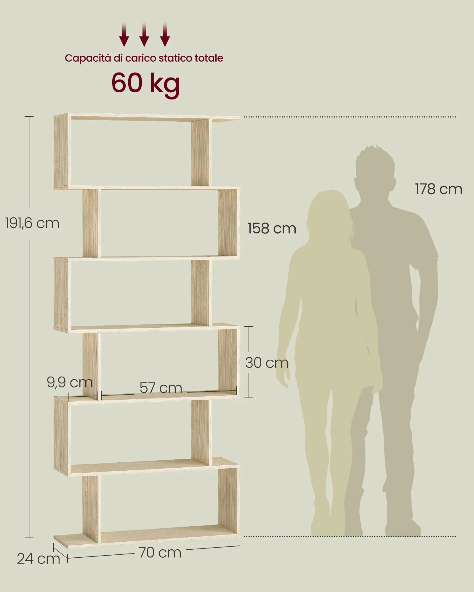 VASAGLE CUSTOS Libreria a 6 Ripiani, 24 x 70 x 191,6 cm, Beige Naturale LBC061L01 - immagine 6