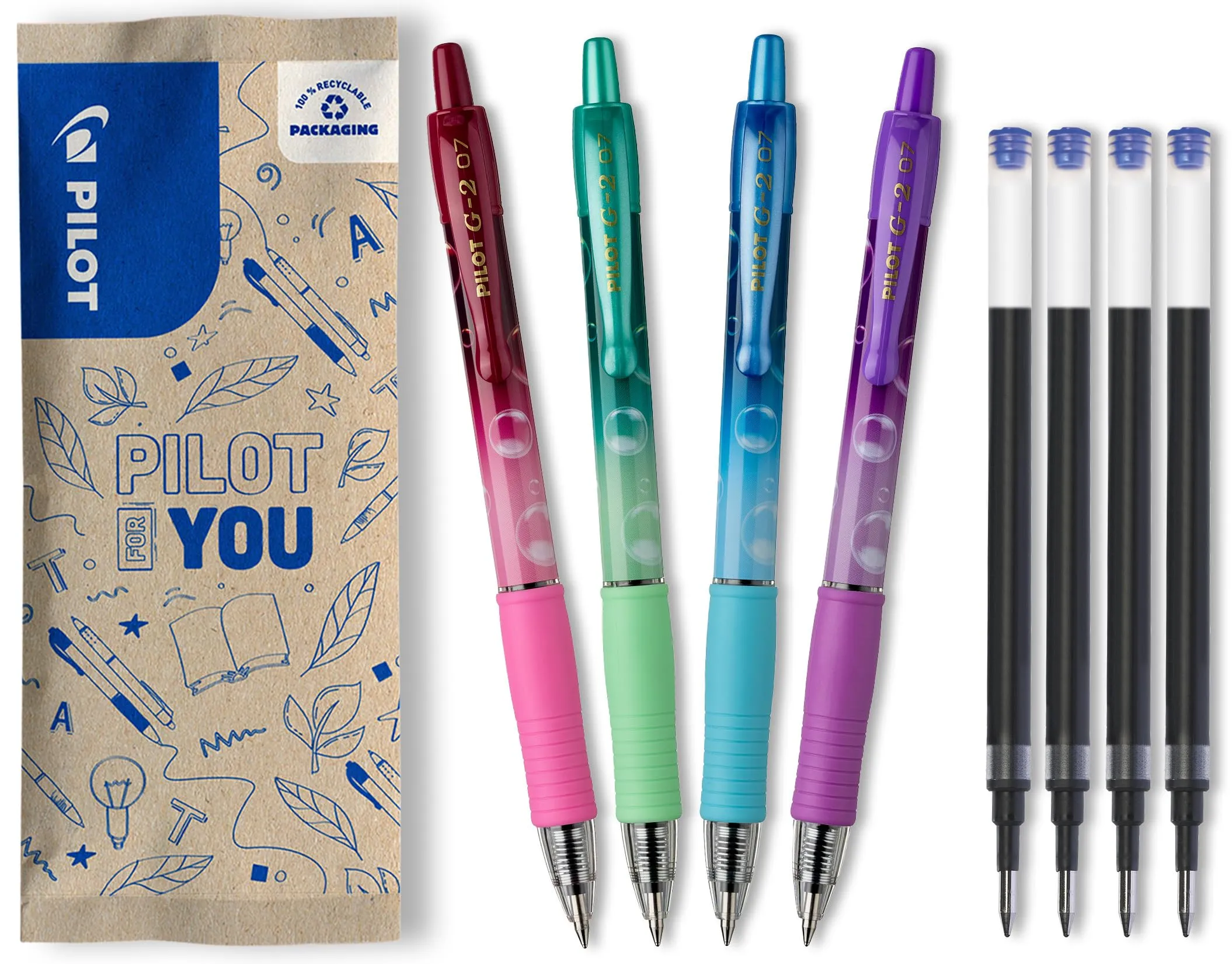 Pilot G2 Bubble, Set di 4 Penne Roller in Gel Retrattili e 4 Ricariche, Punta Media, Inchiostro Blu, Viola, Verde, Turchese, Bordeaux - immagine 1