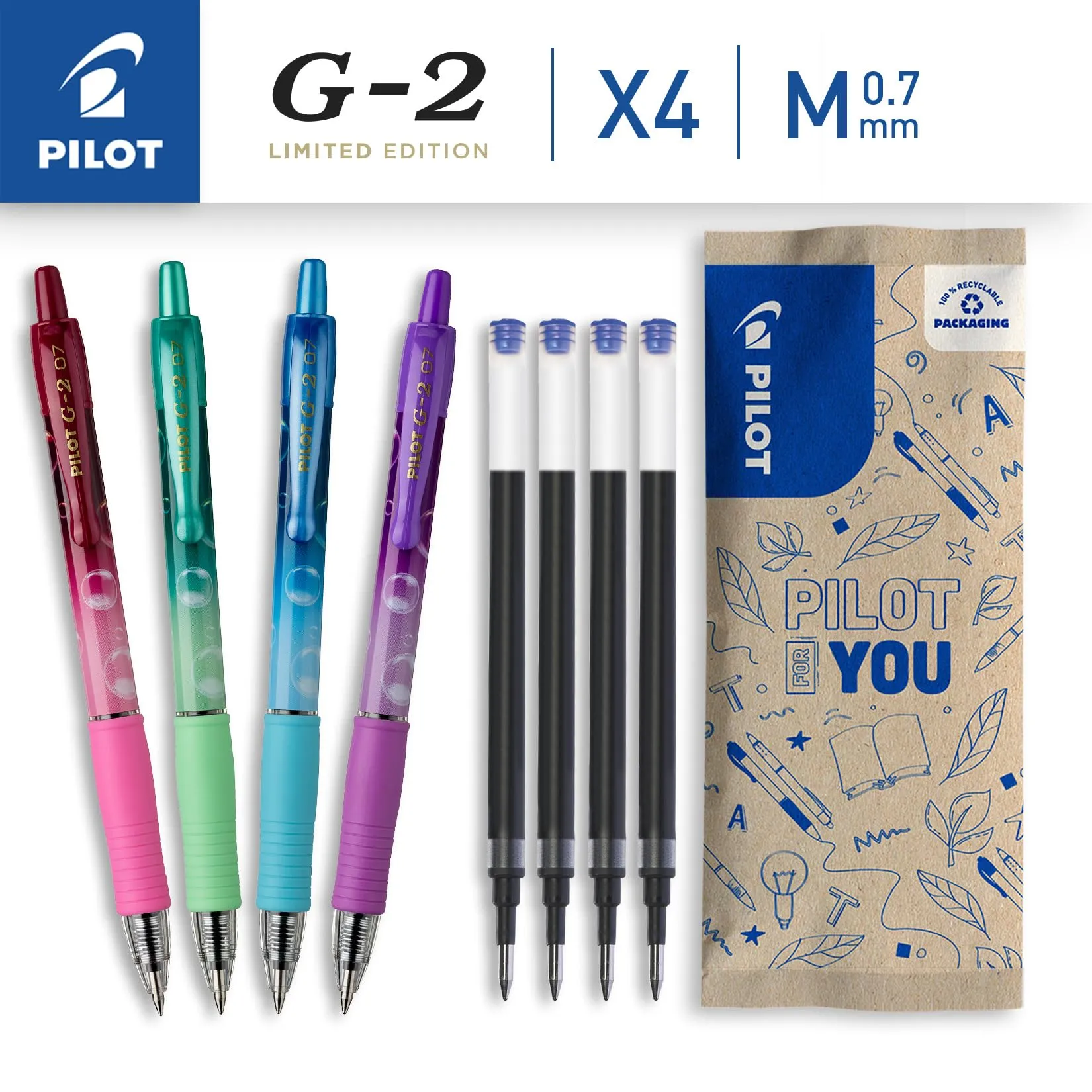 Pilot G2 Bubble, Set di 4 Penne Roller in Gel Retrattili e 4 Ricariche, Punta Media, Inchiostro Blu, Viola, Verde, Turchese, Bordeaux - immagine 2