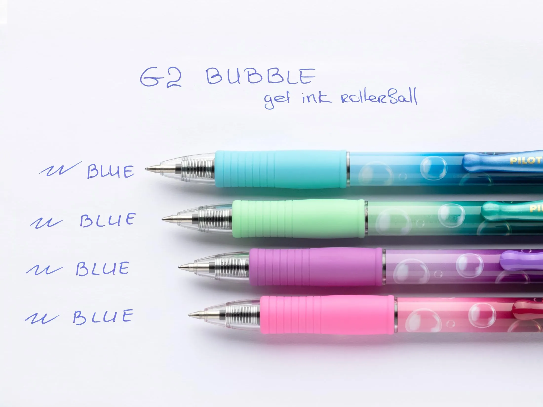 Pilot G2 Bubble, Set di 4 Penne Roller in Gel Retrattili e 4 Ricariche, Punta Media, Inchiostro Blu, Viola, Verde, Turchese, Bordeaux - immagine 6