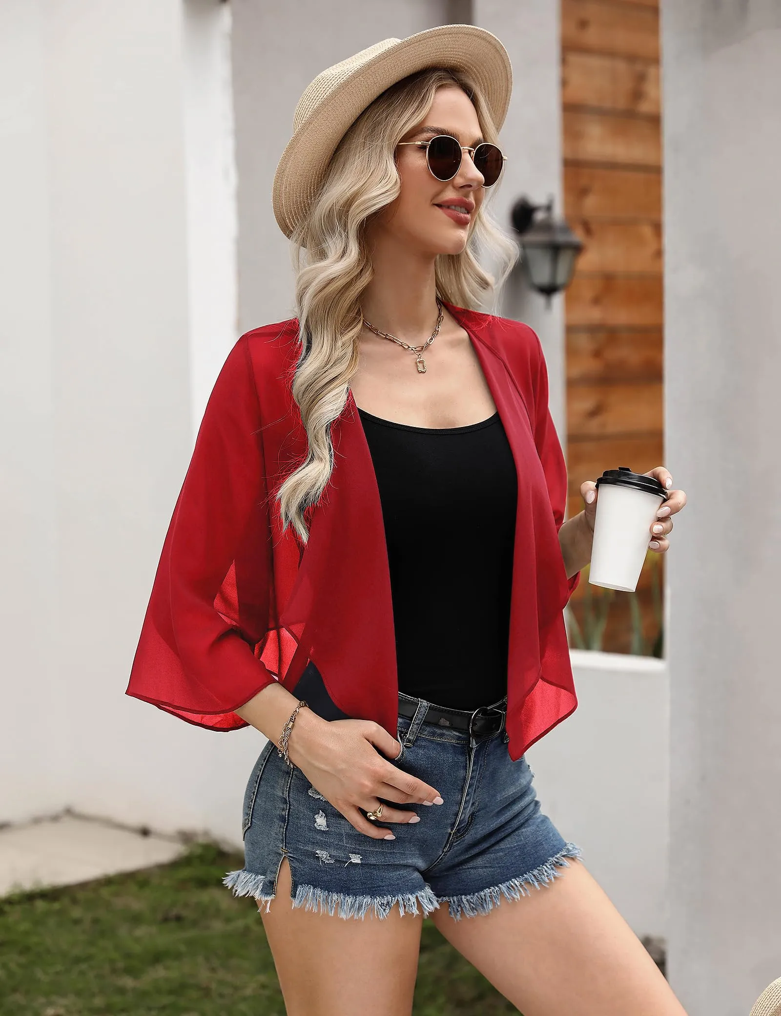 Aottori Coprispalle Donna in Chiffon per Cerimonia, Rosso, M - immagine 4
