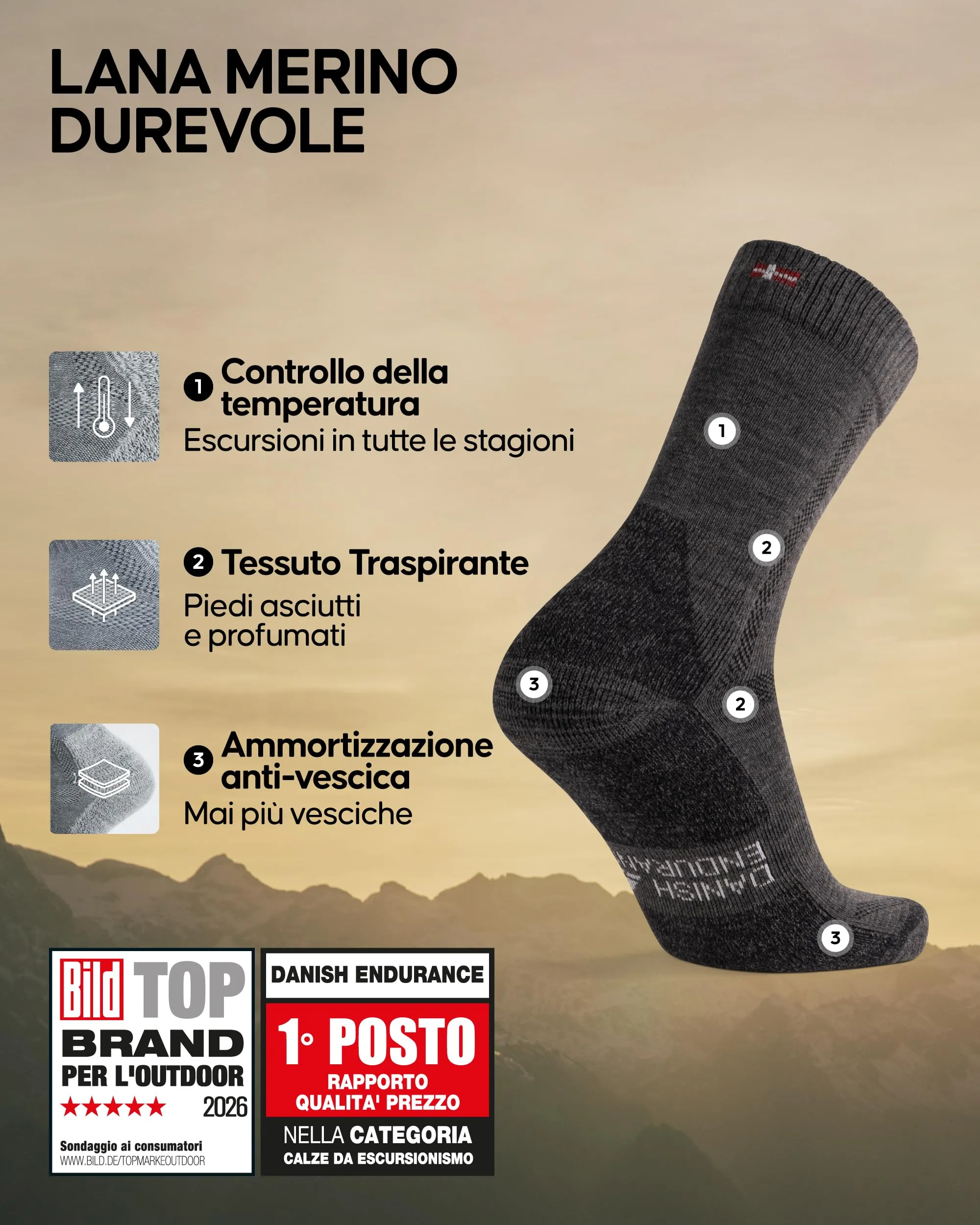 Danish Endurance Calze Trekking in Lana Merino, Grigio Scuro, 3 Paia, 48-51 - immagine 2