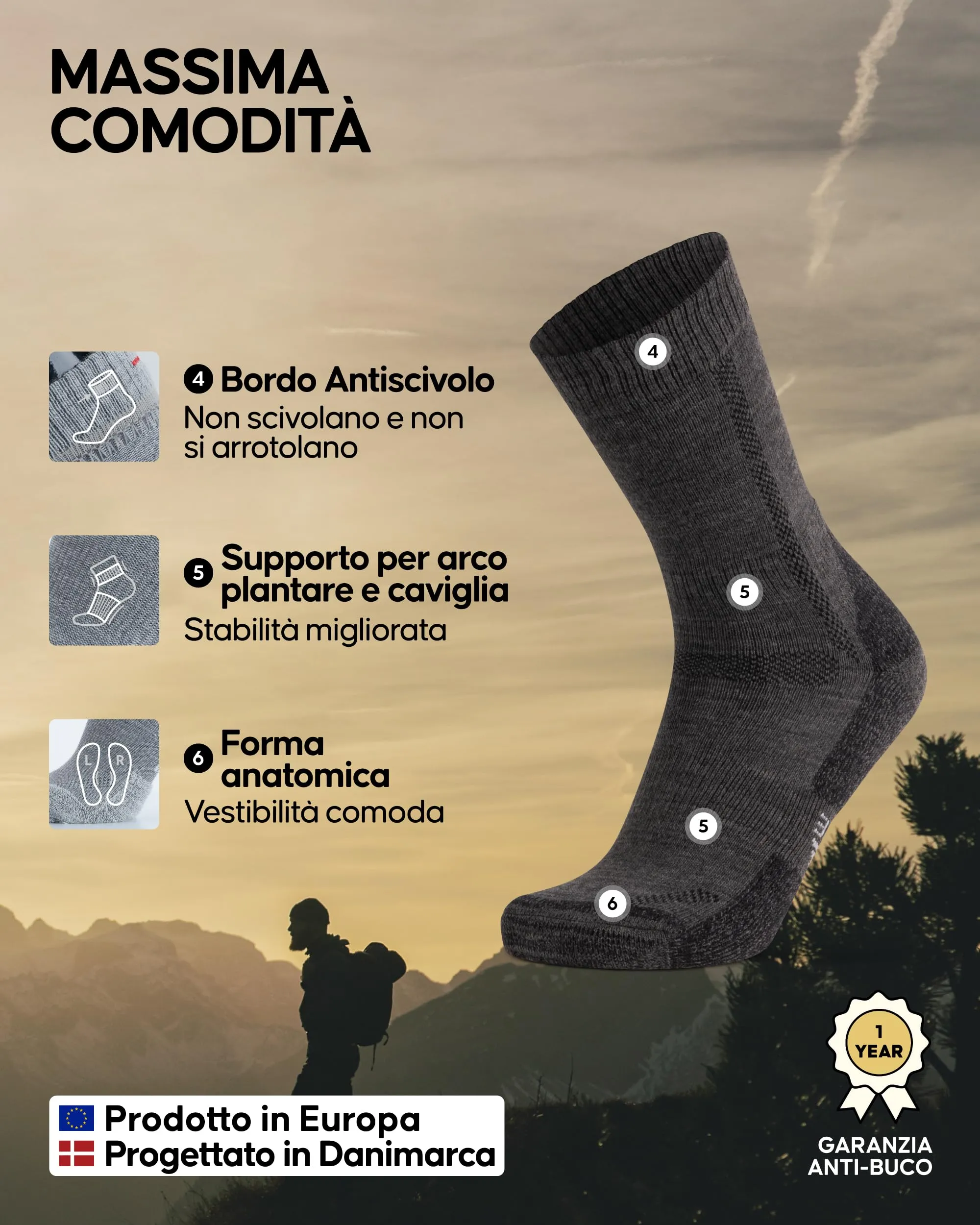 Danish Endurance Calze Trekking in Lana Merino, Grigio Scuro, 3 Paia, 35-38 - immagine 3
