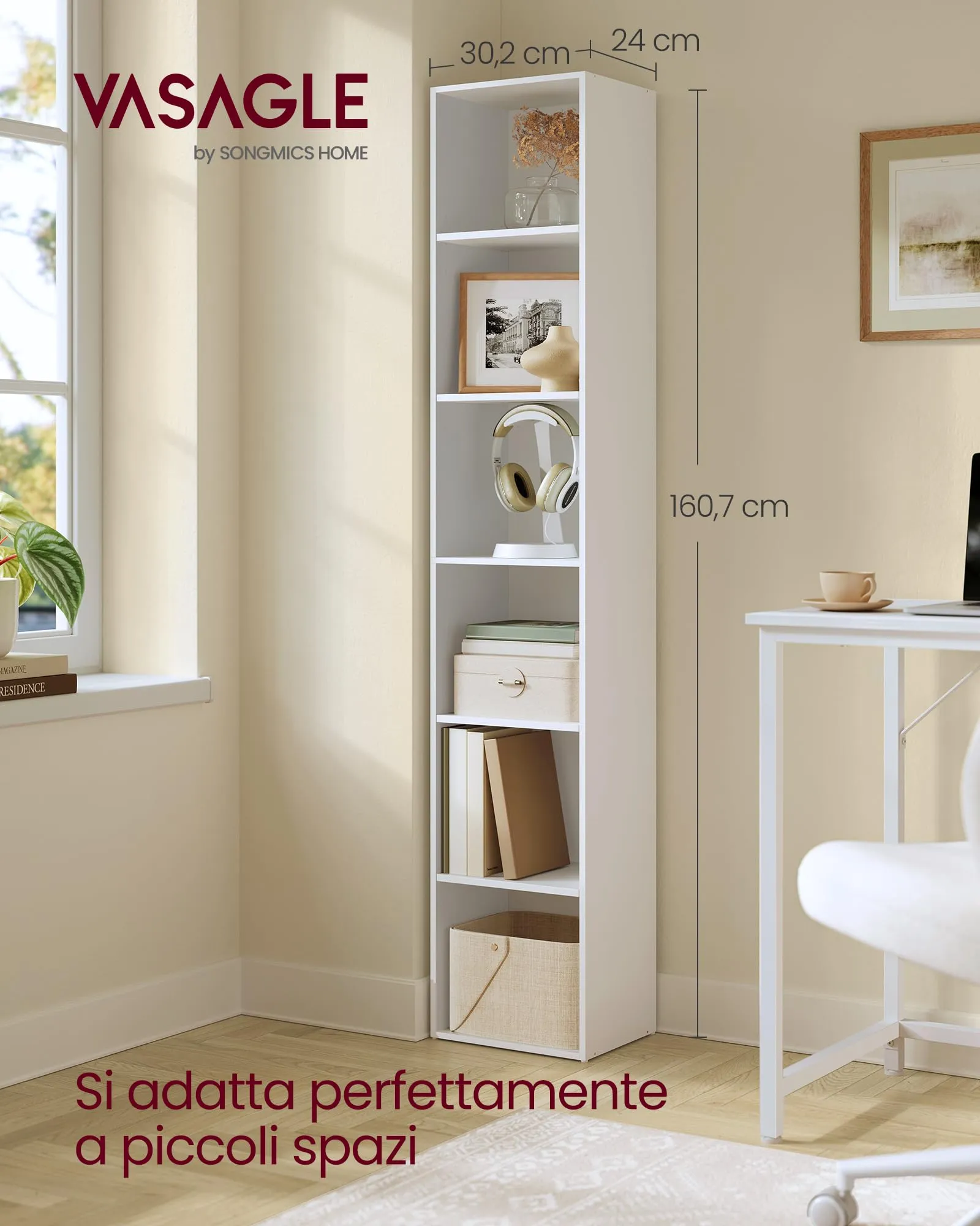 VASAGLE Custos Libreria a 6 Ripiani, 24 x 30,2 x 160,7 cm, Bianco Nuvola LBC411W01 - immagine 2