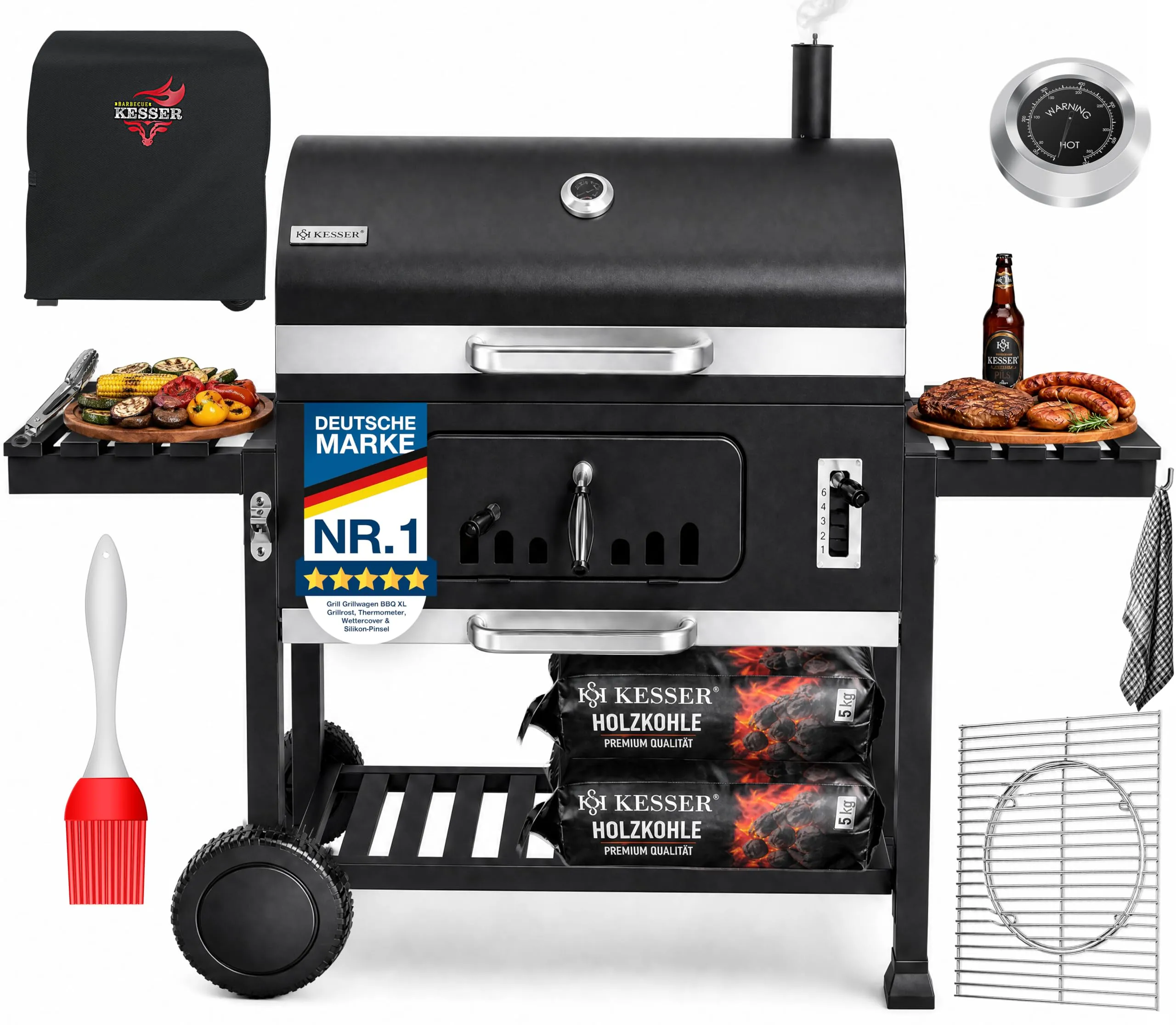 KESSER BBQ Smoker XXL Charcoal Barbecue with Lid, Wheels, Stainless Steel Handle, Thermometer, Grill, Brush and Cover - immagine 1