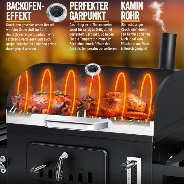 KESSER BBQ Smoker XXL Charcoal Barbecue with Lid, Wheels, Stainless Steel Handle, Thermometer, Grill, Brush and Cover - immagine 2
