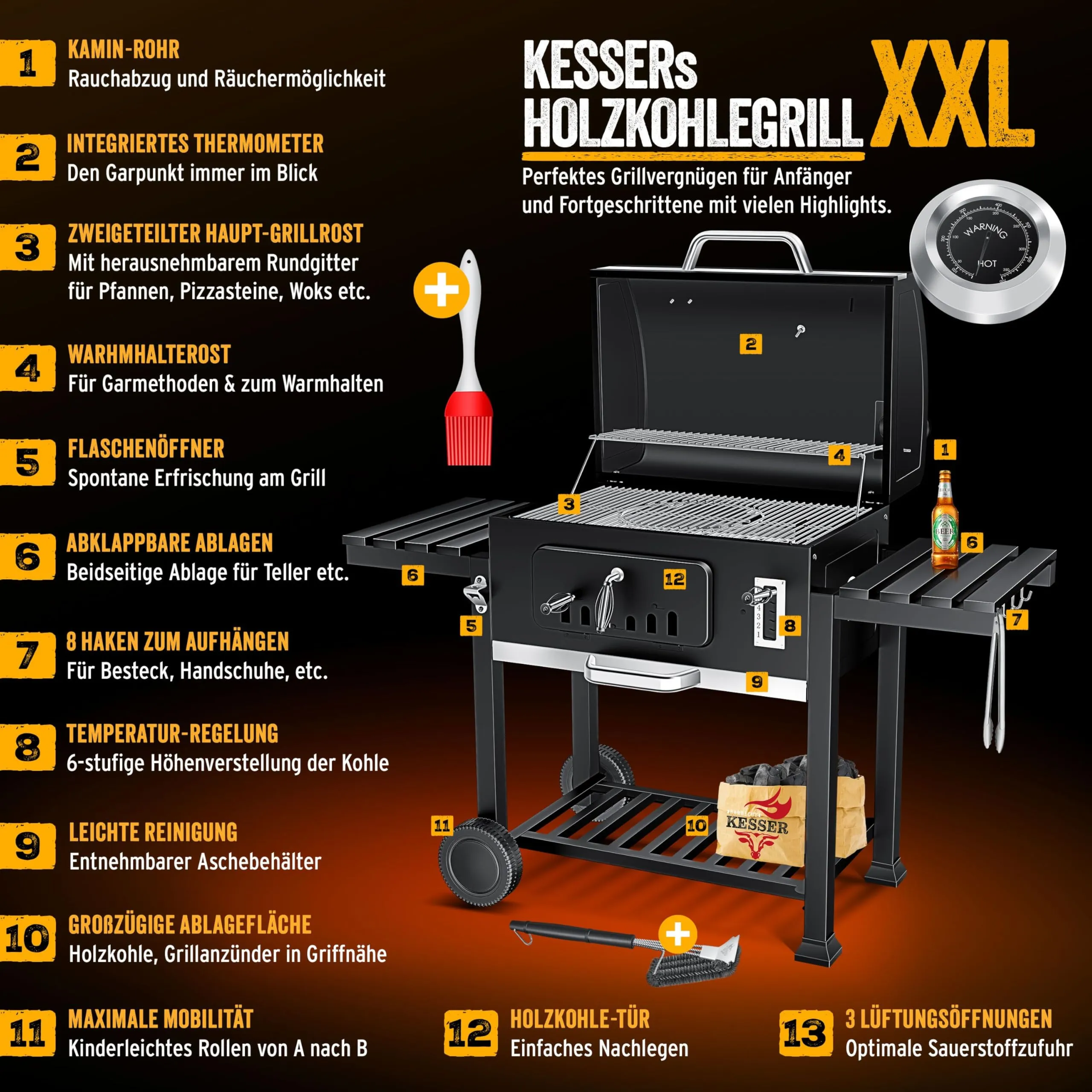 KESSER BBQ Smoker XXL Charcoal Barbecue with Lid, Wheels, Stainless Steel Handle, Thermometer, Grill, Brush and Cover - immagine 3