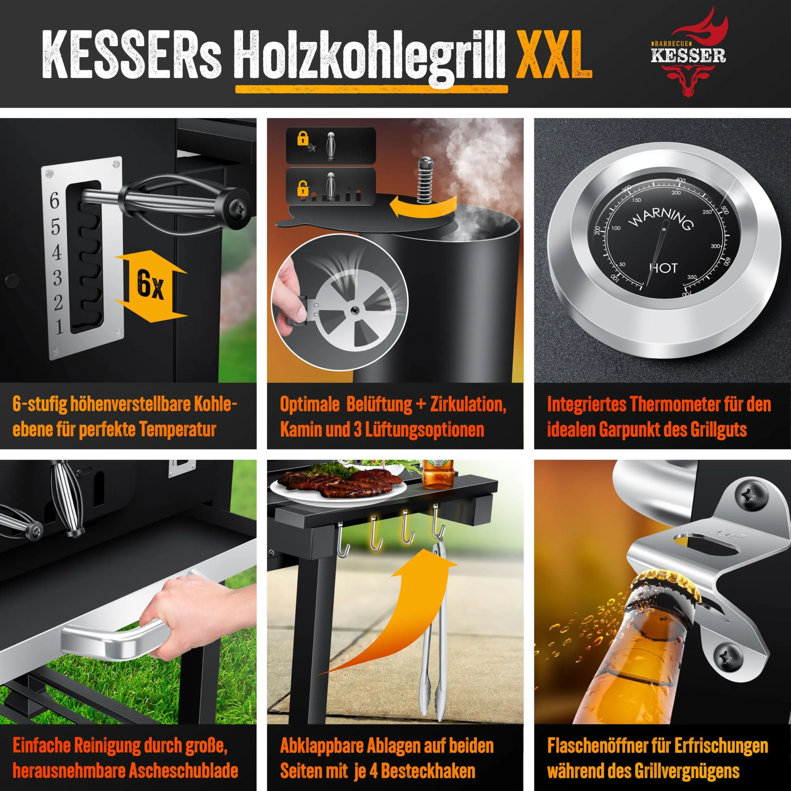 KESSER BBQ Smoker XXL Charcoal Barbecue with Lid, Wheels, Stainless Steel Handle, Thermometer, Grill, Brush and Cover - immagine 4