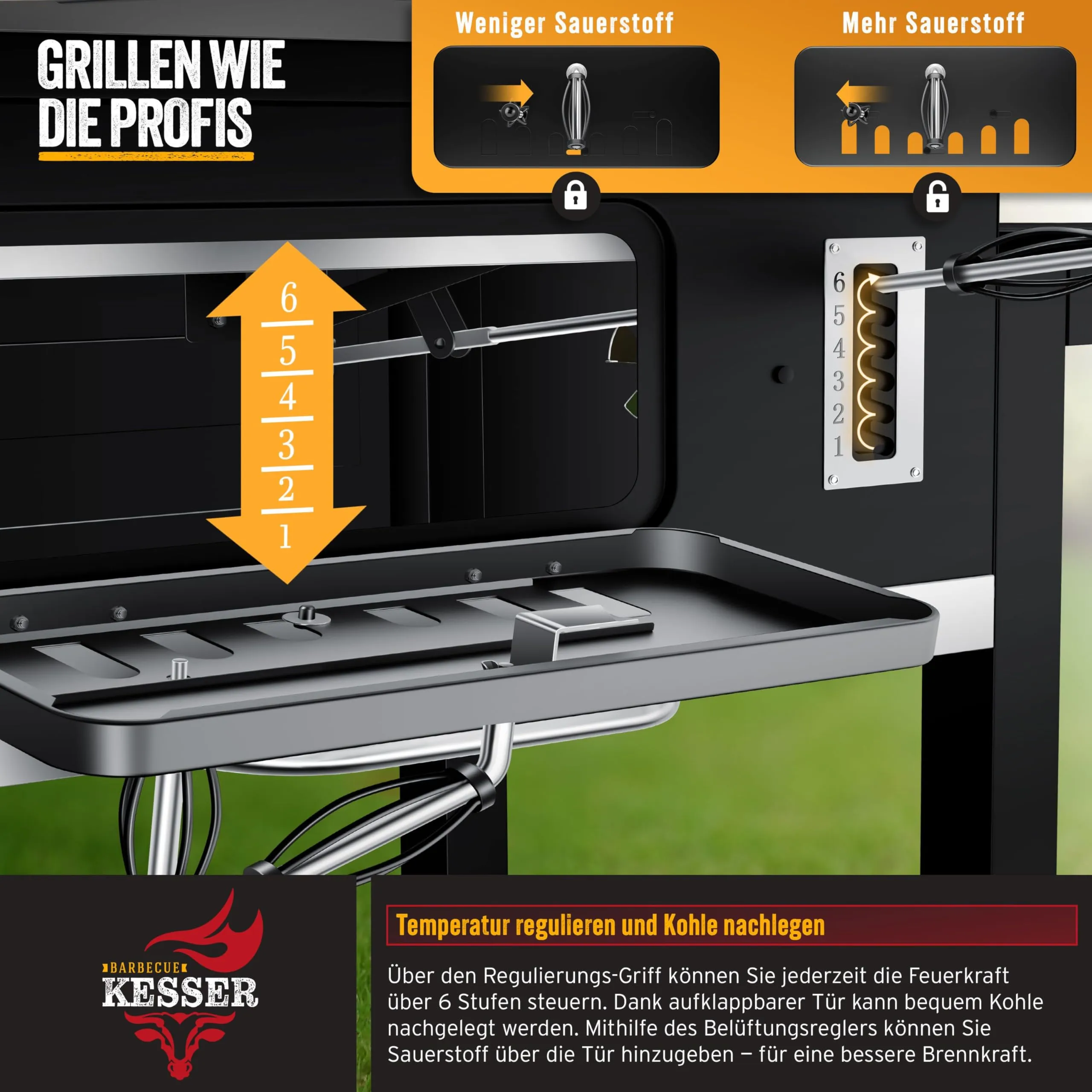 KESSER BBQ Smoker XXL Charcoal Barbecue with Lid, Wheels, Stainless Steel Handle, Thermometer, Grill, Brush and Cover - immagine 5