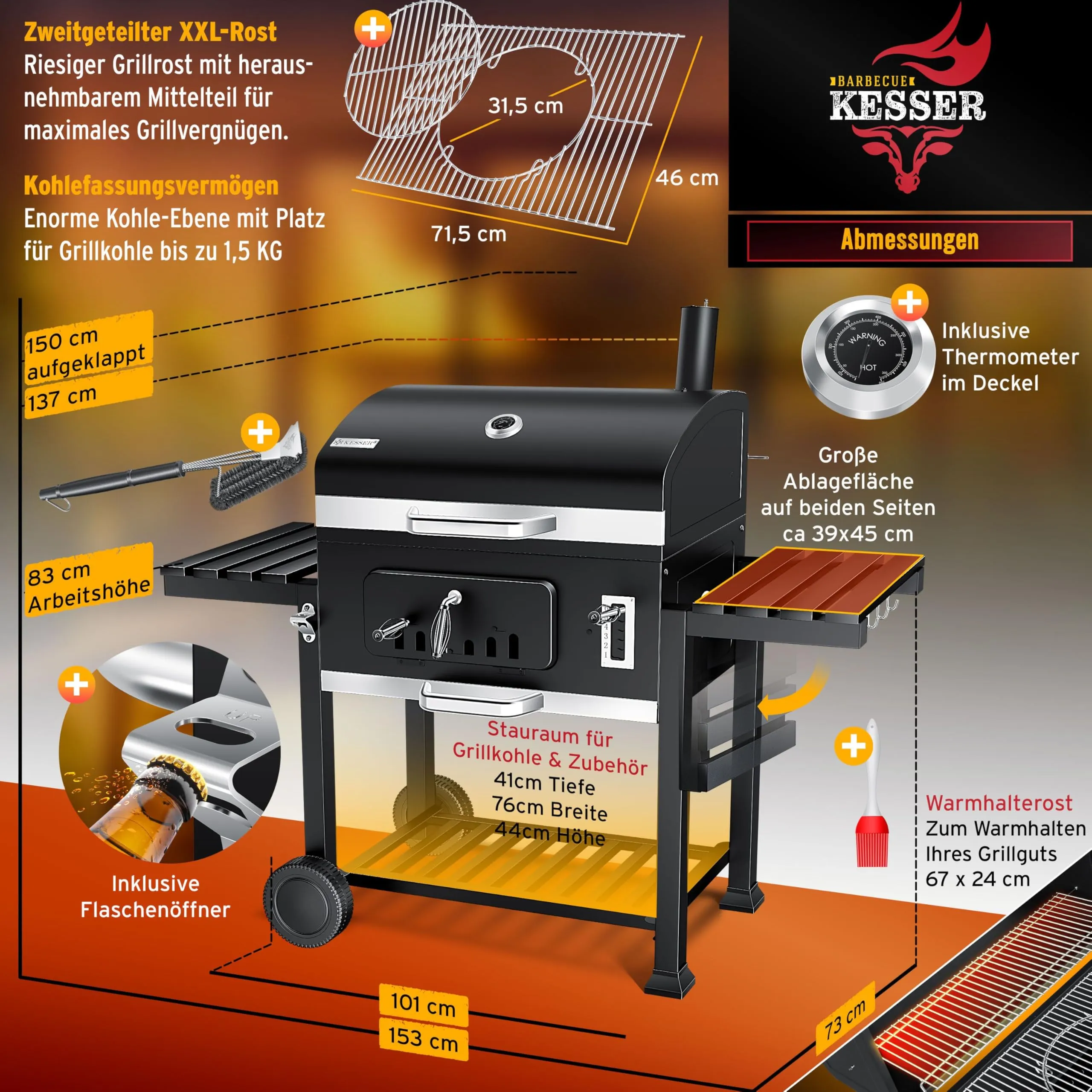 KESSER BBQ Smoker XXL Charcoal Barbecue with Lid, Wheels, Stainless Steel Handle, Thermometer, Grill, Brush and Cover - immagine 7