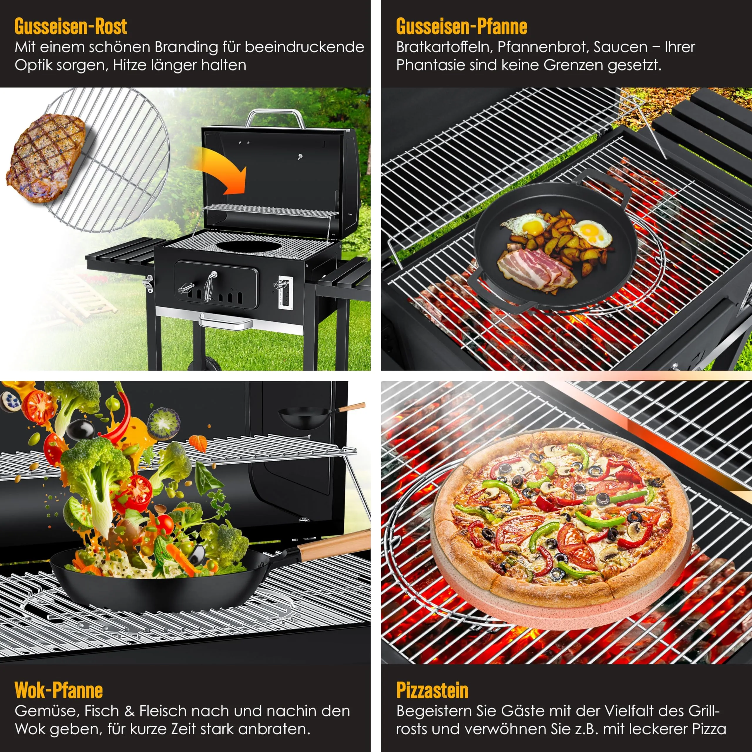 KESSER BBQ Smoker XXL Charcoal Barbecue with Lid, Wheels, Stainless Steel Handle, Thermometer, Grill, Brush and Cover - immagine 8