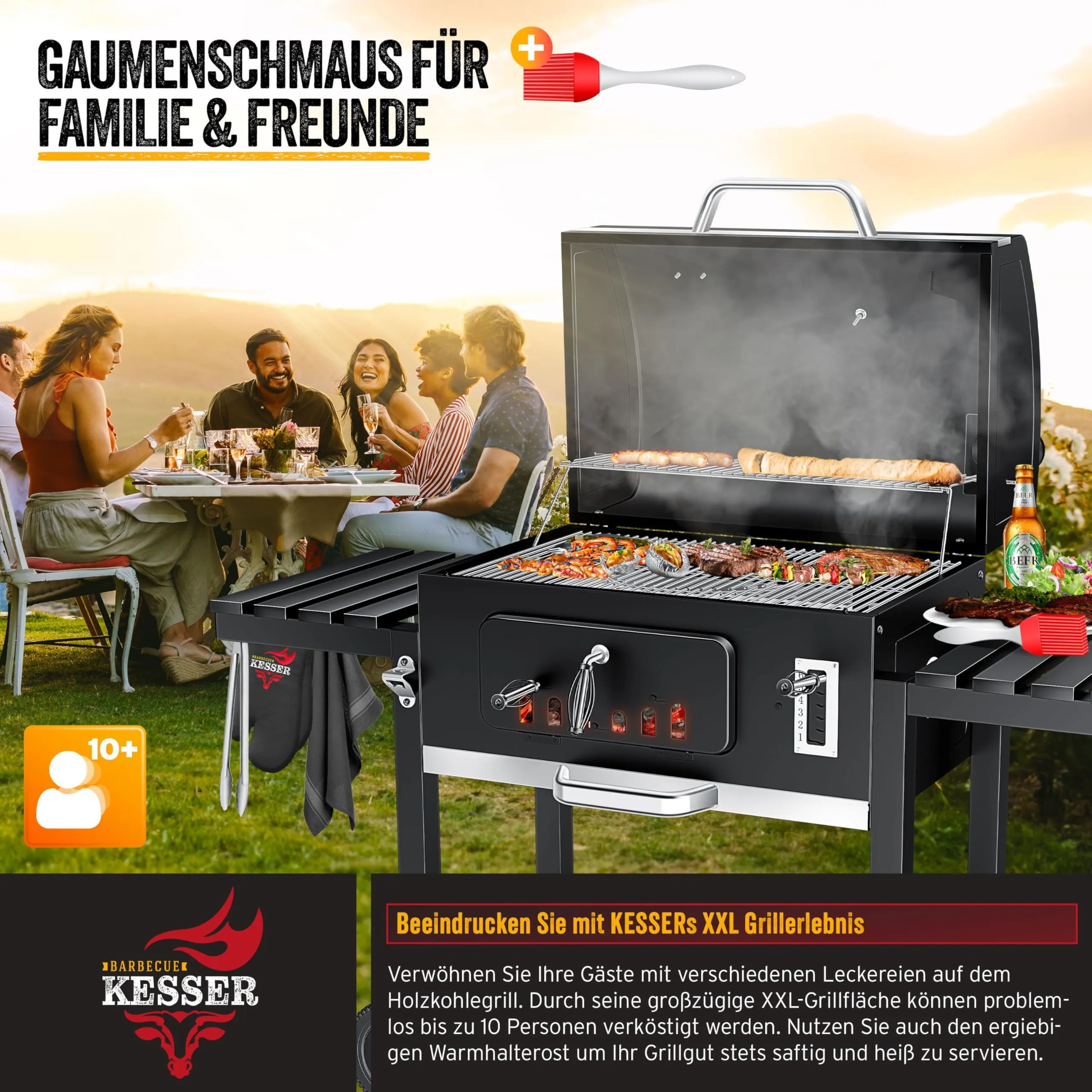 KESSER BBQ Smoker XXL Charcoal Barbecue with Lid, Wheels, Stainless Steel Handle, Thermometer, Grill, Brush and Cover - immagine 9