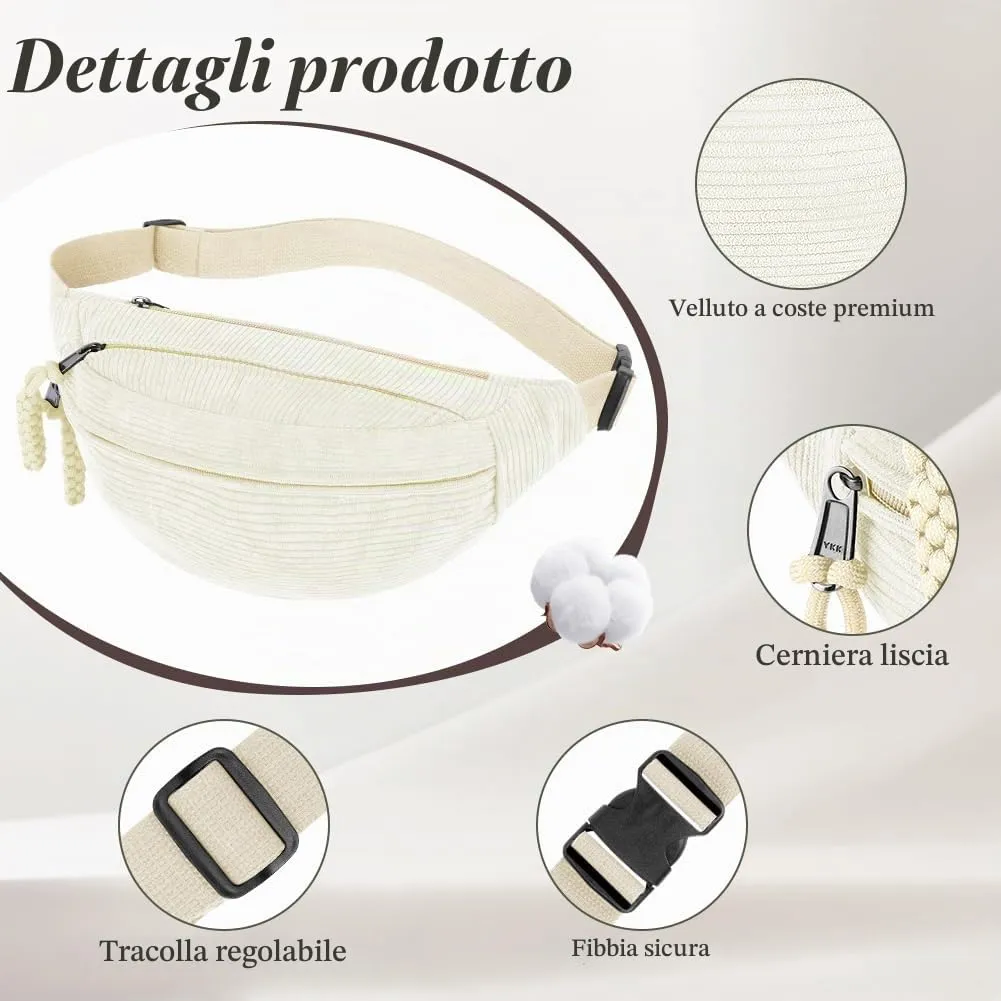 Aucuu Marsupio in Velluto a Coste per Donna e Uomo con Cinturino Regolabile - immagine 3