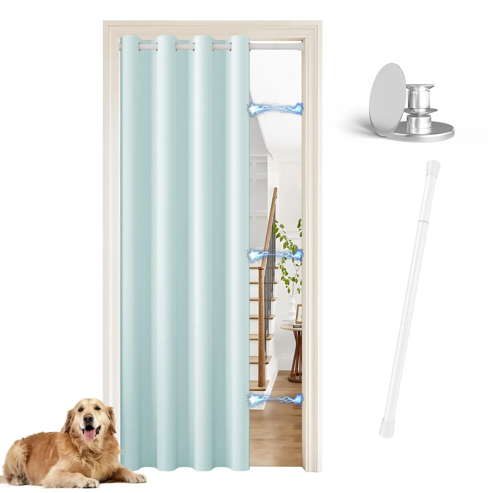 JCyh Tenda per Porta con Bastone Telescopico e Chiusura Magnetica, Termica e Oscurante, 132x200 cm, Azzurro Chiaro - immagine 1