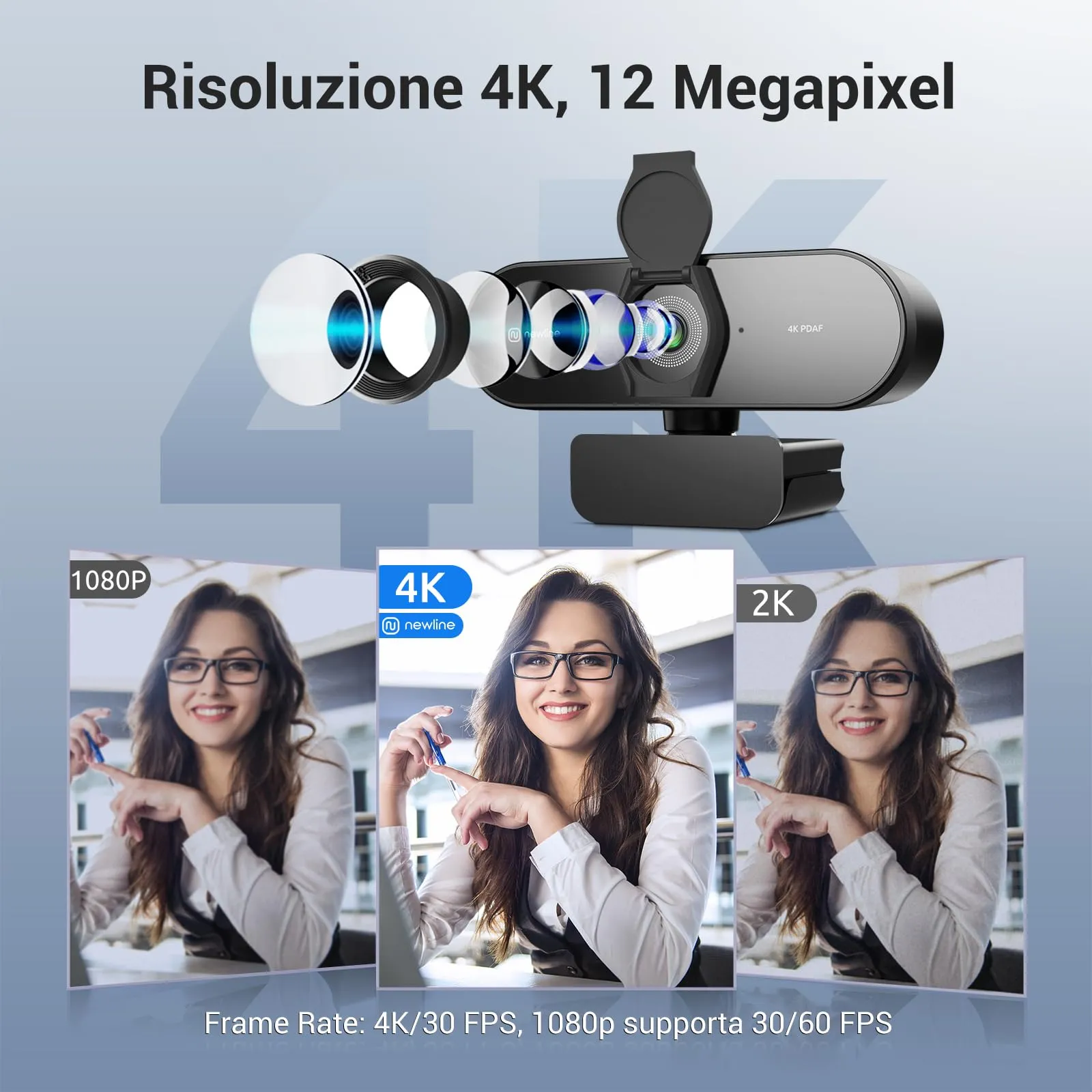 N newline NewEye62 Kit Webcam 4K Ultra HD, 12MP, 1080P@60FPS, Autofocus PDAF+CDAF, 2 Microfoni Stereo, Treppiede, USB per Windows MacOS - immagine 2