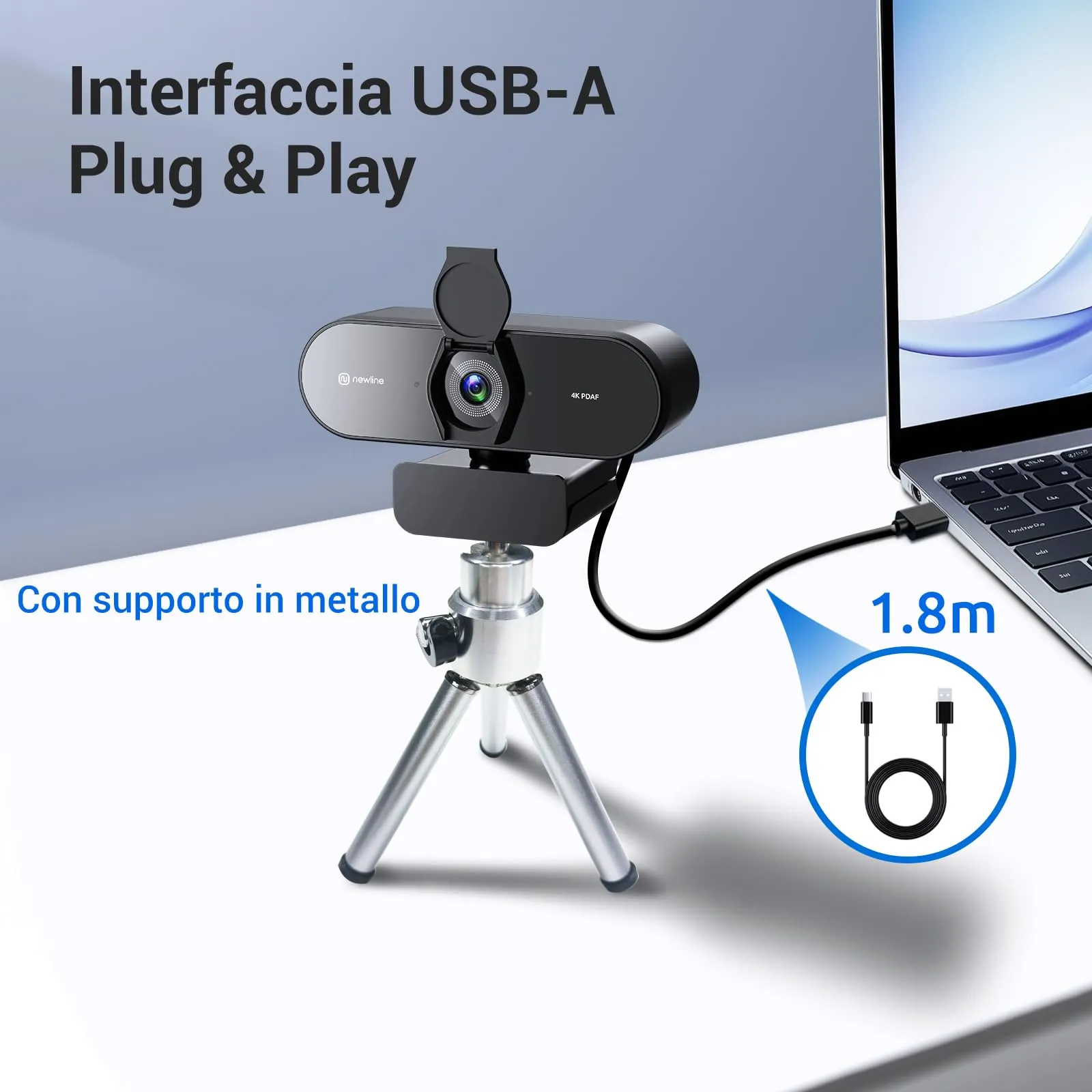 N newline NewEye62 Kit Webcam 4K Ultra HD, 12MP, 1080P@60FPS, Autofocus PDAF+CDAF, 2 Microfoni Stereo, Treppiede, USB per Windows MacOS - immagine 5
