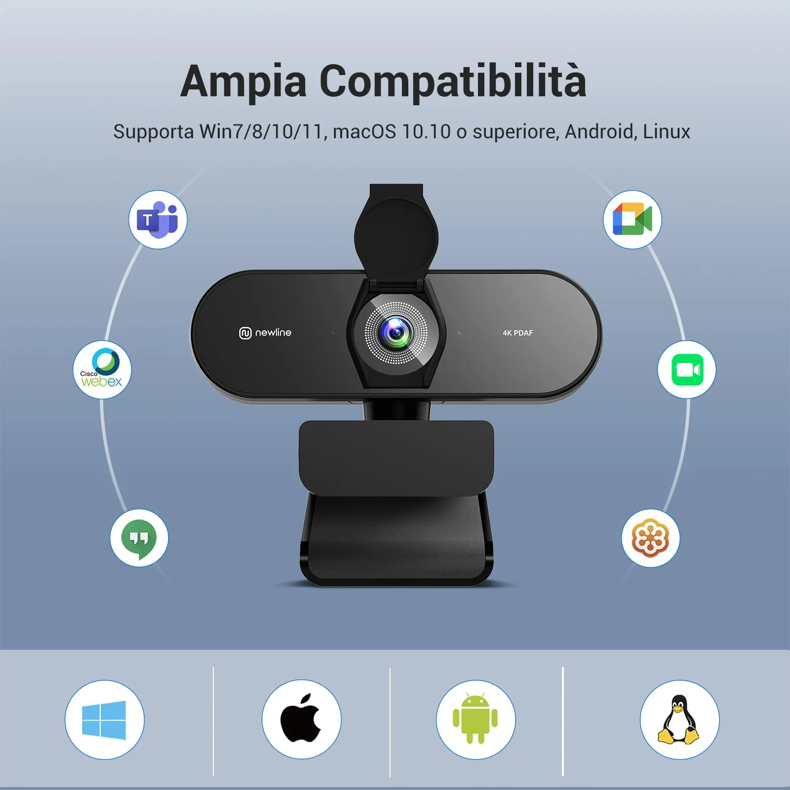 N newline NewEye62 Kit Webcam 4K Ultra HD, 12MP, 1080P@60FPS, Autofocus PDAF+CDAF, 2 Microfoni Stereo, Treppiede, USB per Windows MacOS - immagine 8