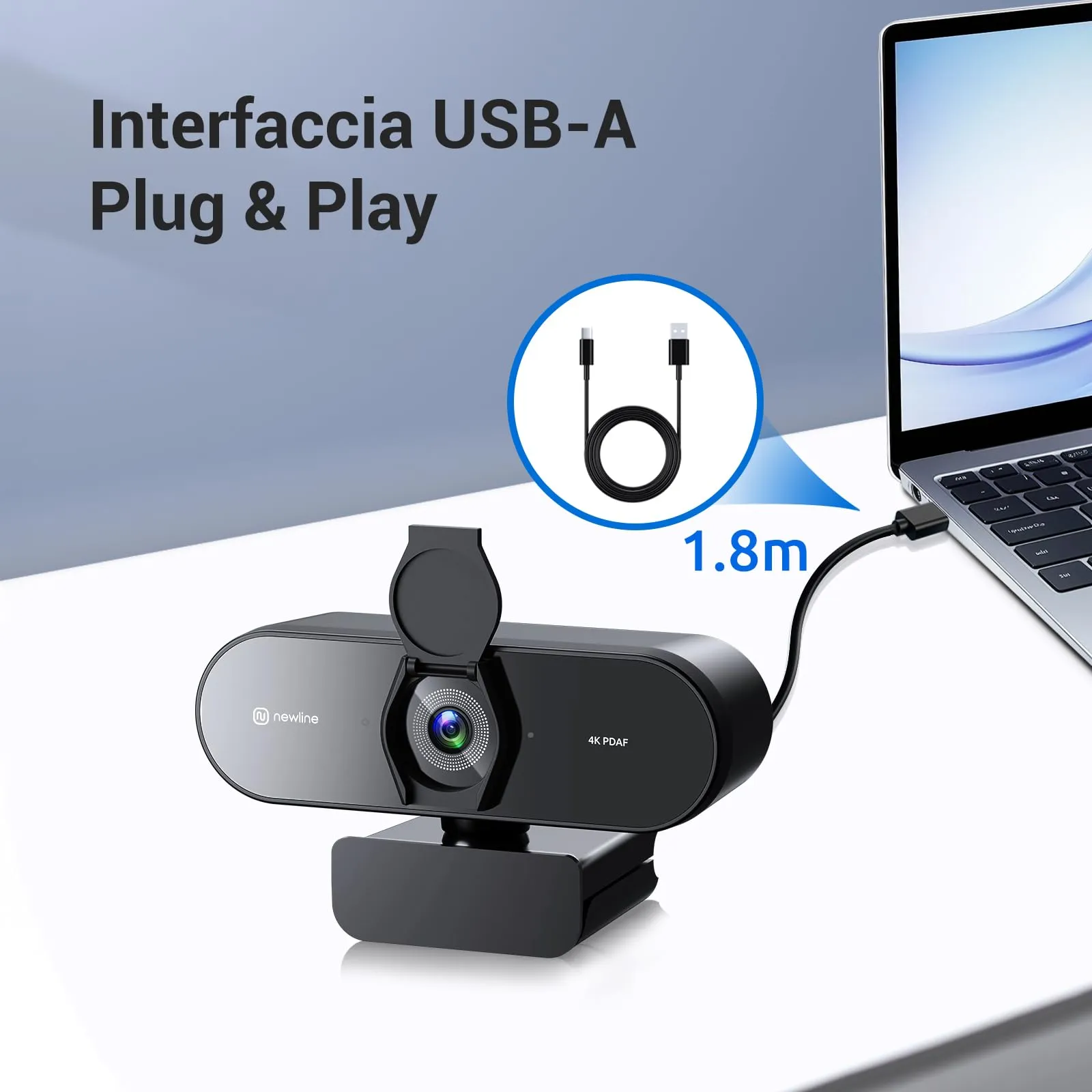 N newline Webcam 4K PC, 12 MP, 1080P@60FPS, Autofocus PDAF+CDAF, Doppio Microfono, USB Plug & Play, per Windows MacOS - immagine 5