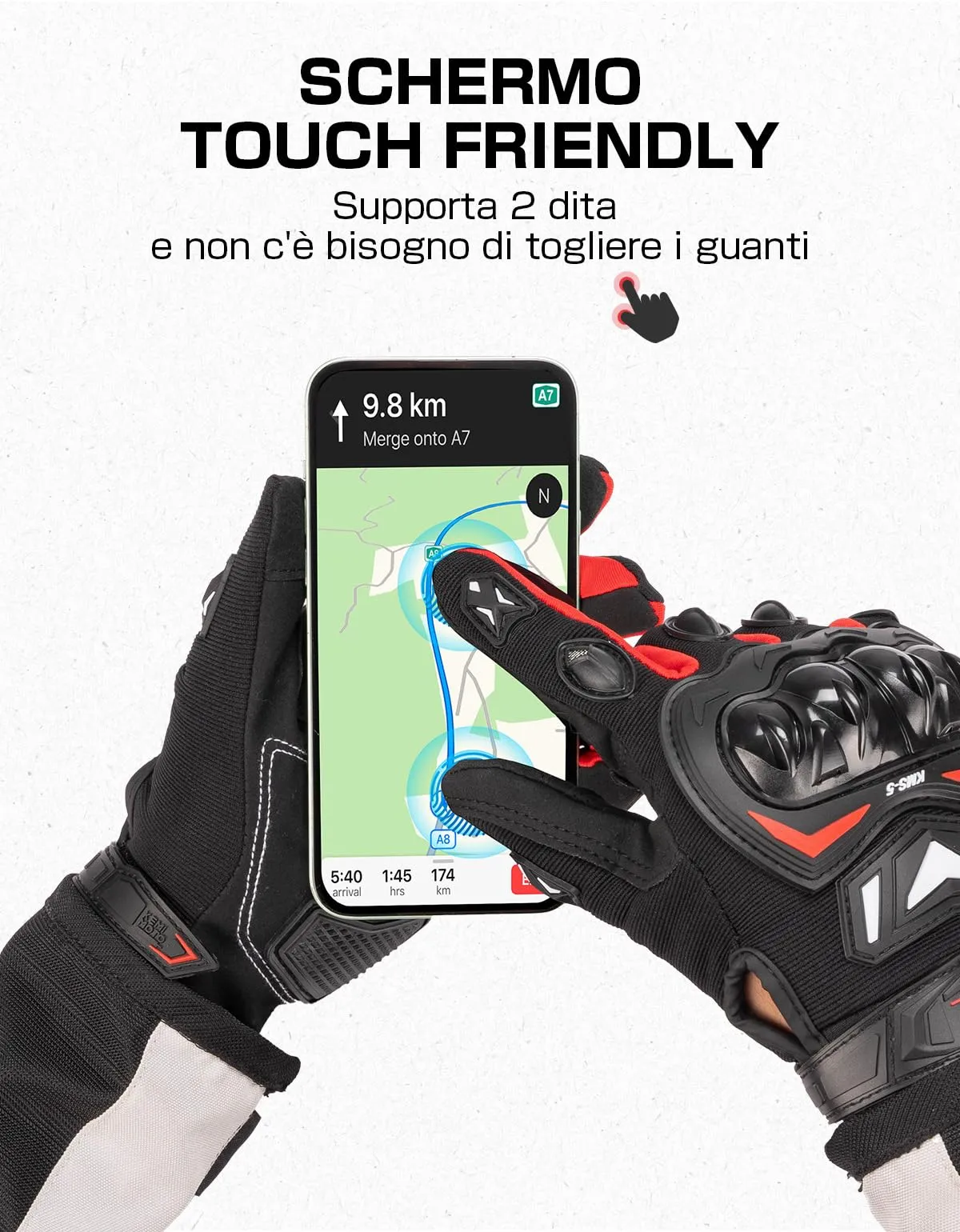 KEMIMOTO Guanti Moto Estivi Touchscreen con Paranocche Rigide, Rosso, 3XL - immagine 3