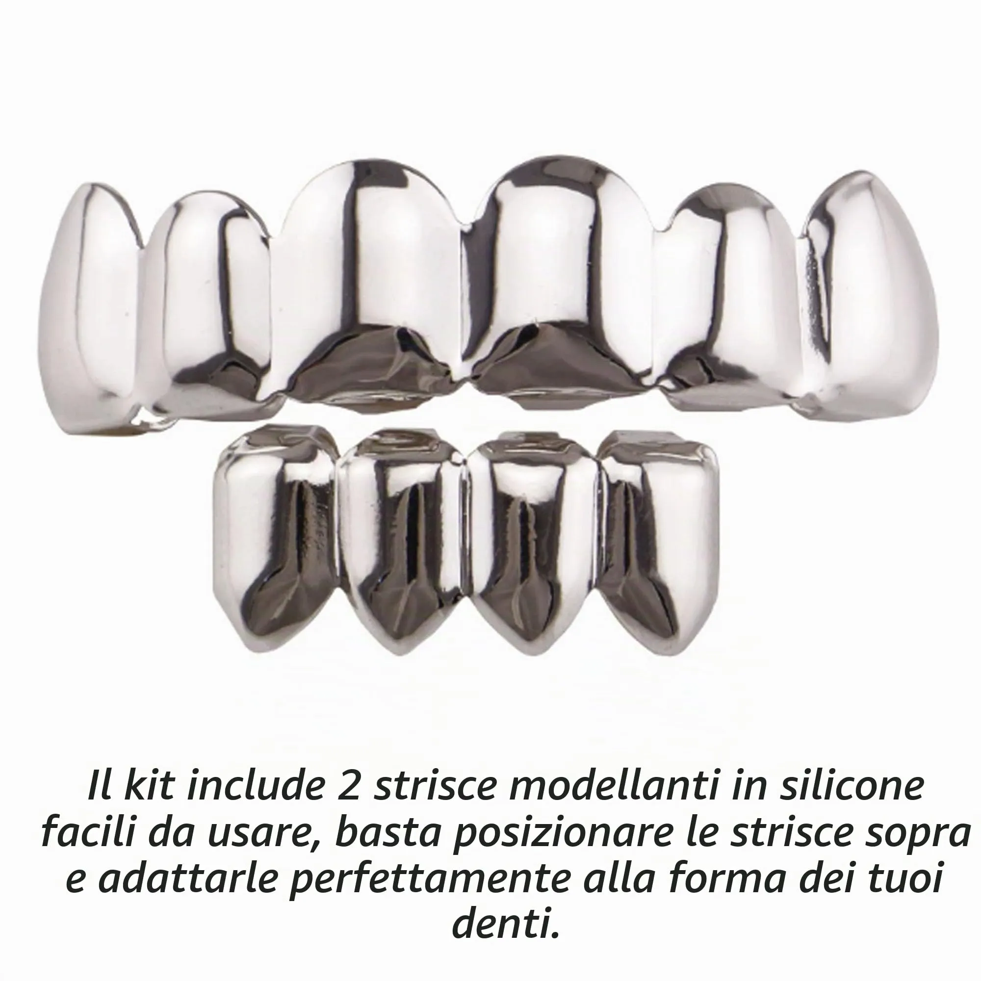 LONGHAO Set di Denti Hip Hop Grillz con 2 Stampi in Silicone, Argento 2 - immagine 2