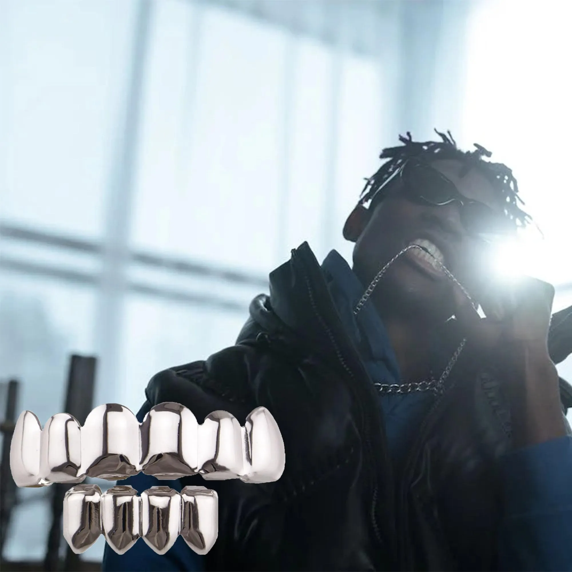 LONGHAO Set di Denti Hip Hop Grillz con 2 Stampi in Silicone, Argento 2 - immagine 3