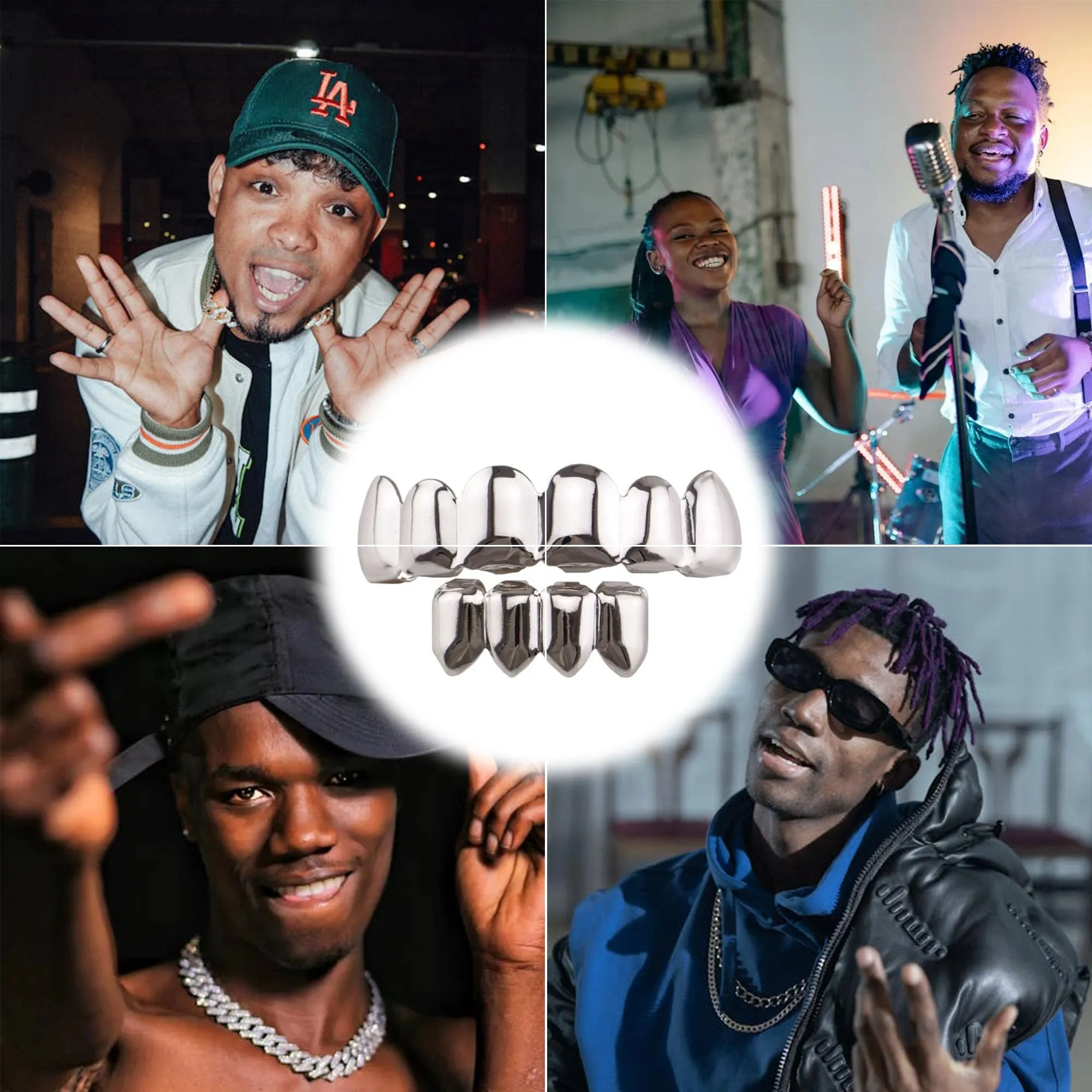 LONGHAO Set di Denti Hip Hop Grillz con 2 Stampi in Silicone, Argento 2 - immagine 6
