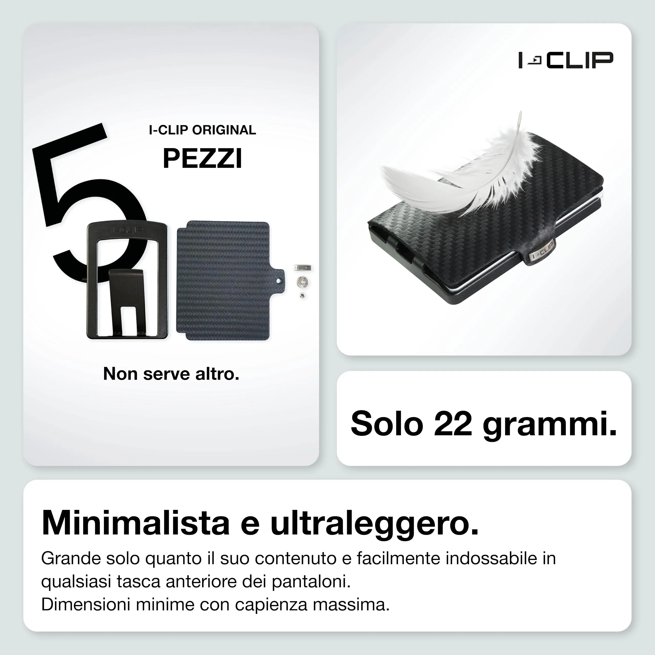 I-CLIP Original Portafoglio Uomo Slim, Mini Wallet fino a 12 Carte, Vera Pelle Effetto Carbon, Telaio Nero - immagine 3
