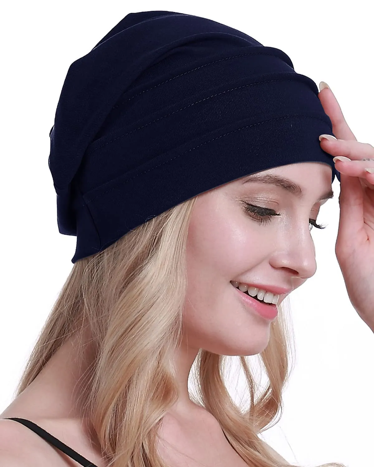 Osvyo Berretto in cotone da donna per chemio e perdita di capelli, Blu navy, Taglia unica - immagine 6