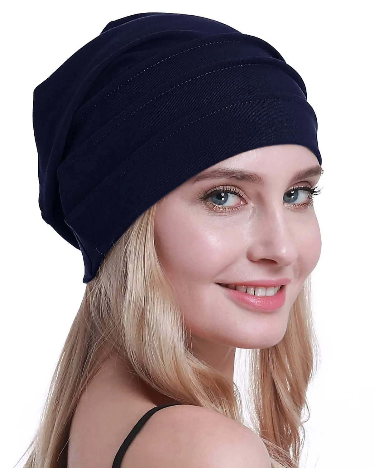 Osvyo Berretto in cotone da donna per chemio e perdita di capelli, Blu navy, Taglia unica - immagine 7