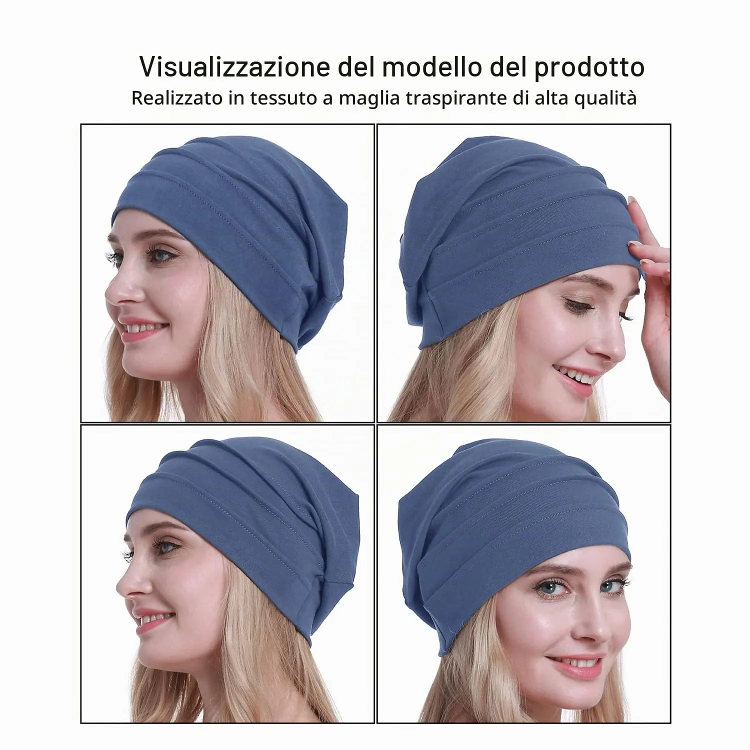 Osvyo Berretto in cotone da donna per chemio e perdita di capelli, Blu Grigio, Taglia unica - immagine 2