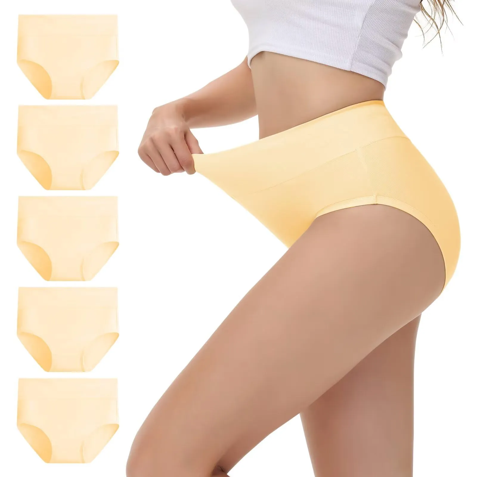 NUOZA Mutande Donna Cotone Vita Alta Traspirante Pancia Piatta, Pacco da 5, Beige, L - immagine 2