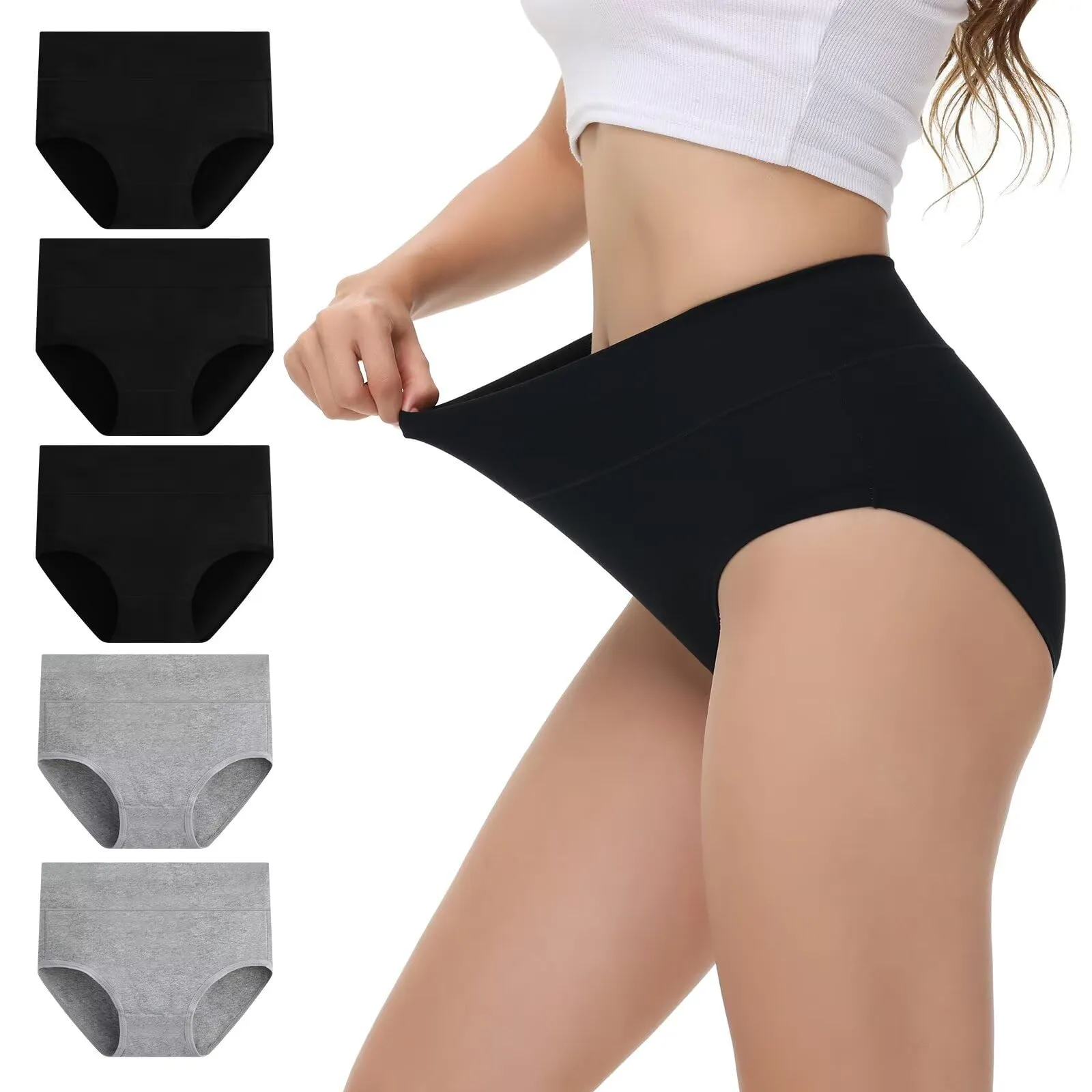NUOZA Mutande Donna in Cotone Vita Alta, Pacco da 5, Nero Grigio, L - immagine 2