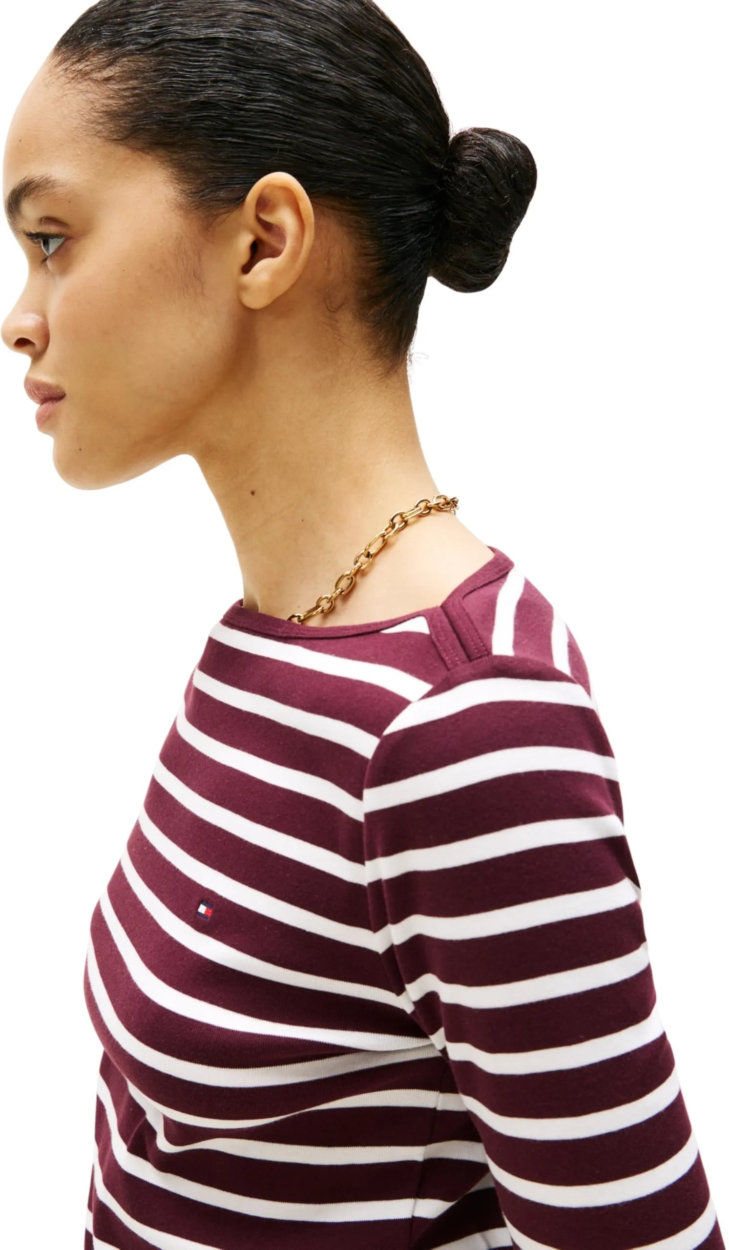 Tommy Hilfiger Donna Maglietta Maniche Lunghe New Cody Slim Scollo a Barca, Deep Burgundy/Ecru STP, XXS - immagine 3