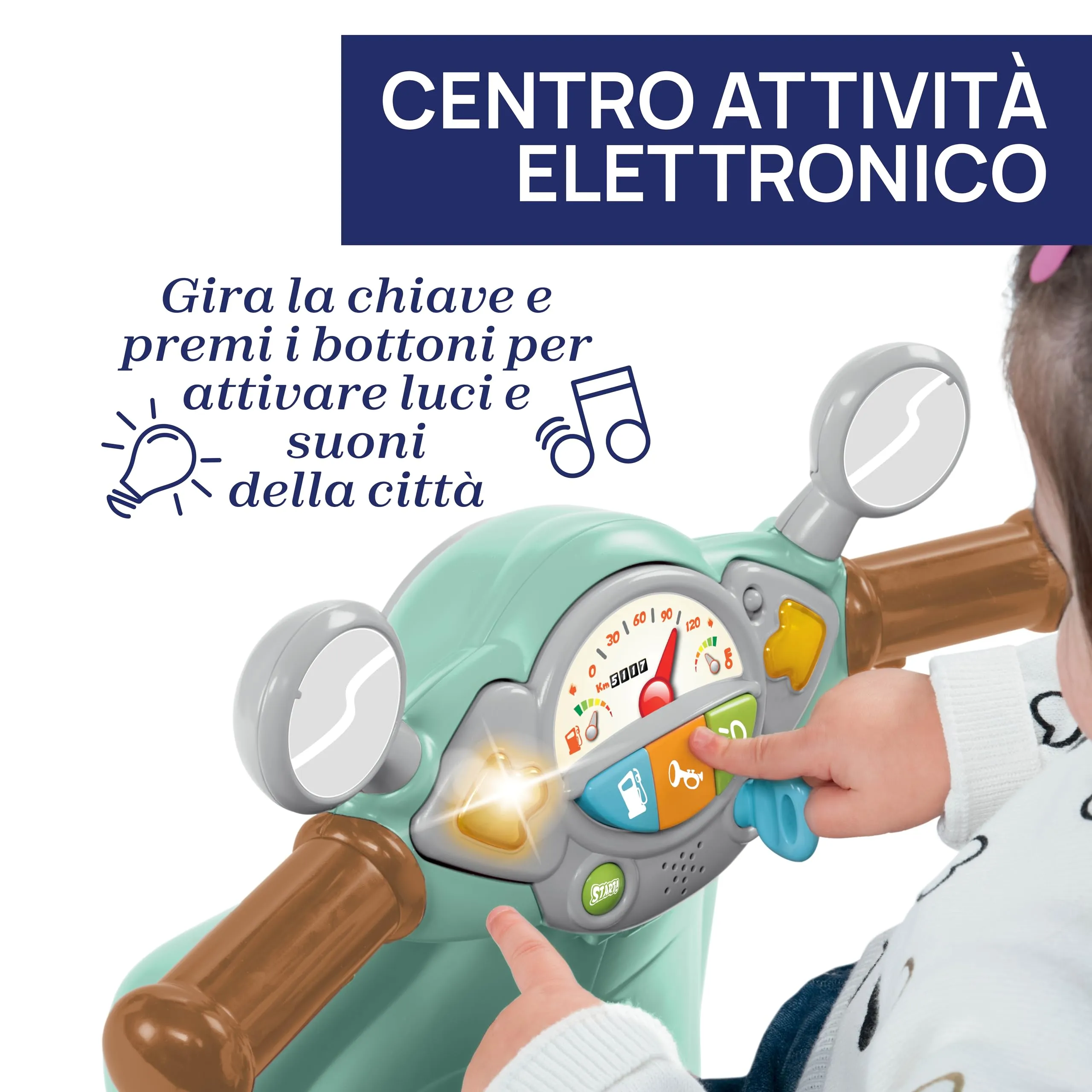 Chicco Vespa Primavera Moto Giocattolo Cavalcabile con Pannello Elettronico, Luci e Suoni, Verde Acqua - immagine 5