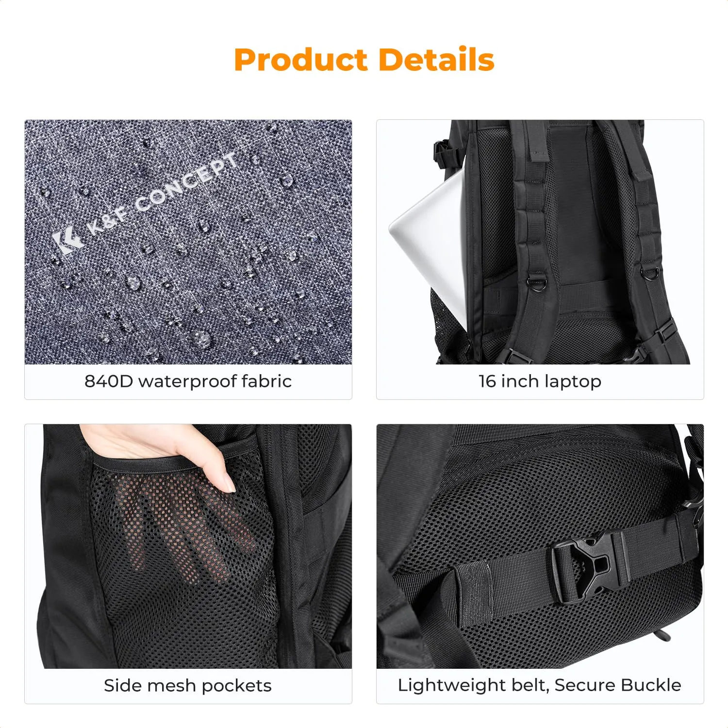 K&F Concept Zaino Fotografico 30L Impermeabile, Nero Grigio - immagine 6