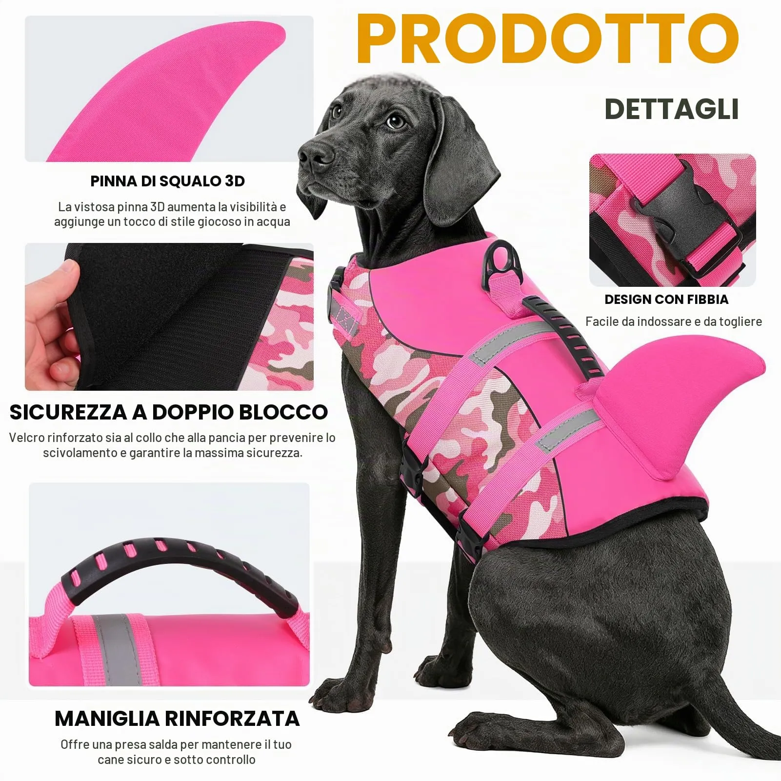 Queenmore Giubbotto Salvagente per Cani Ripstop Design Squalo, Mimetico Rosa, M - immagine 3