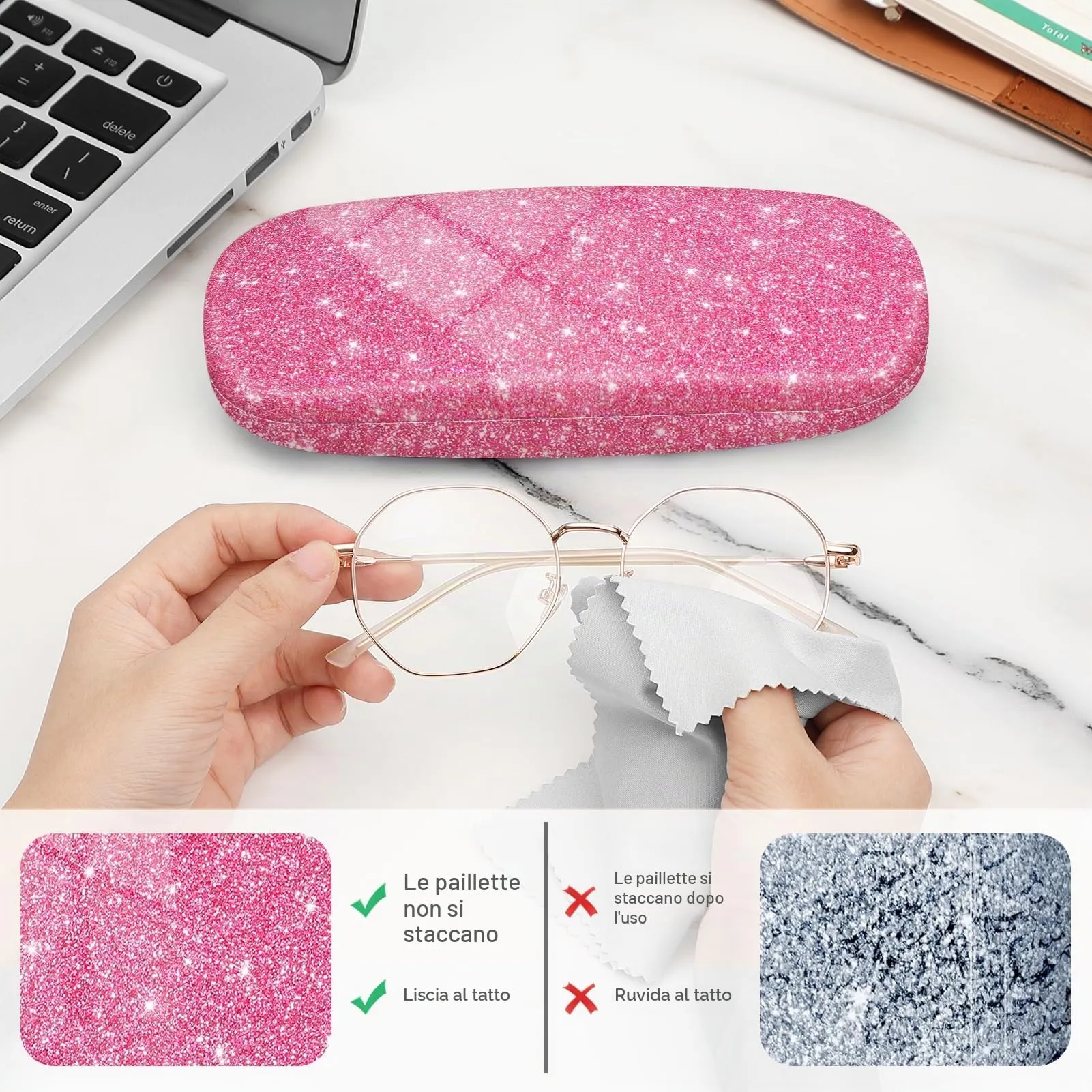 FINTIE Custodia Rigida per Occhiali da Vista, Rosa Scintillante - immagine 3