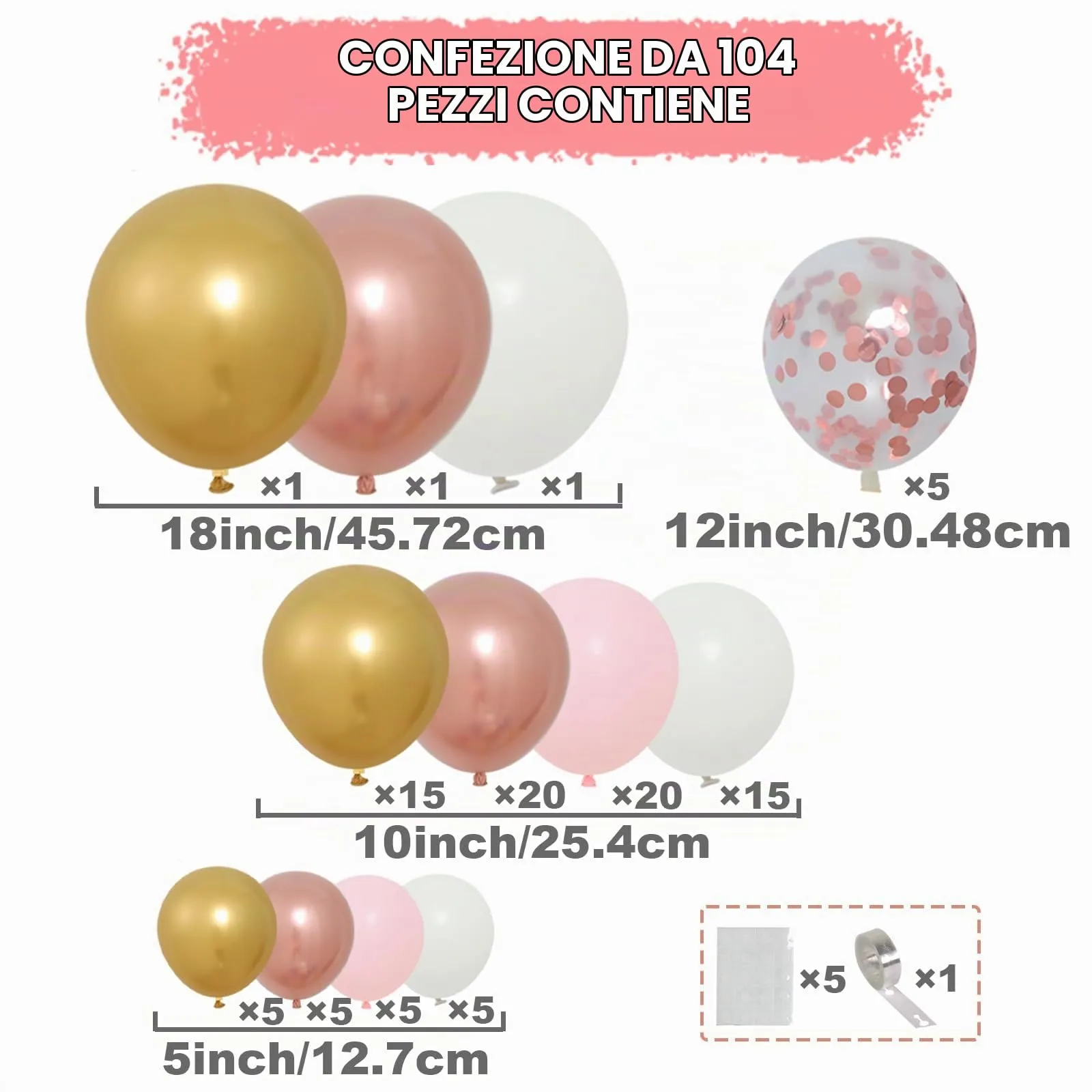 Frigg Arco di Palloncini Rosa Oro, 104 Pezzi - Rosa, Oro Metallizzato, Rosa Metallizzato, Bianchi e Coriandoli - immagine 2