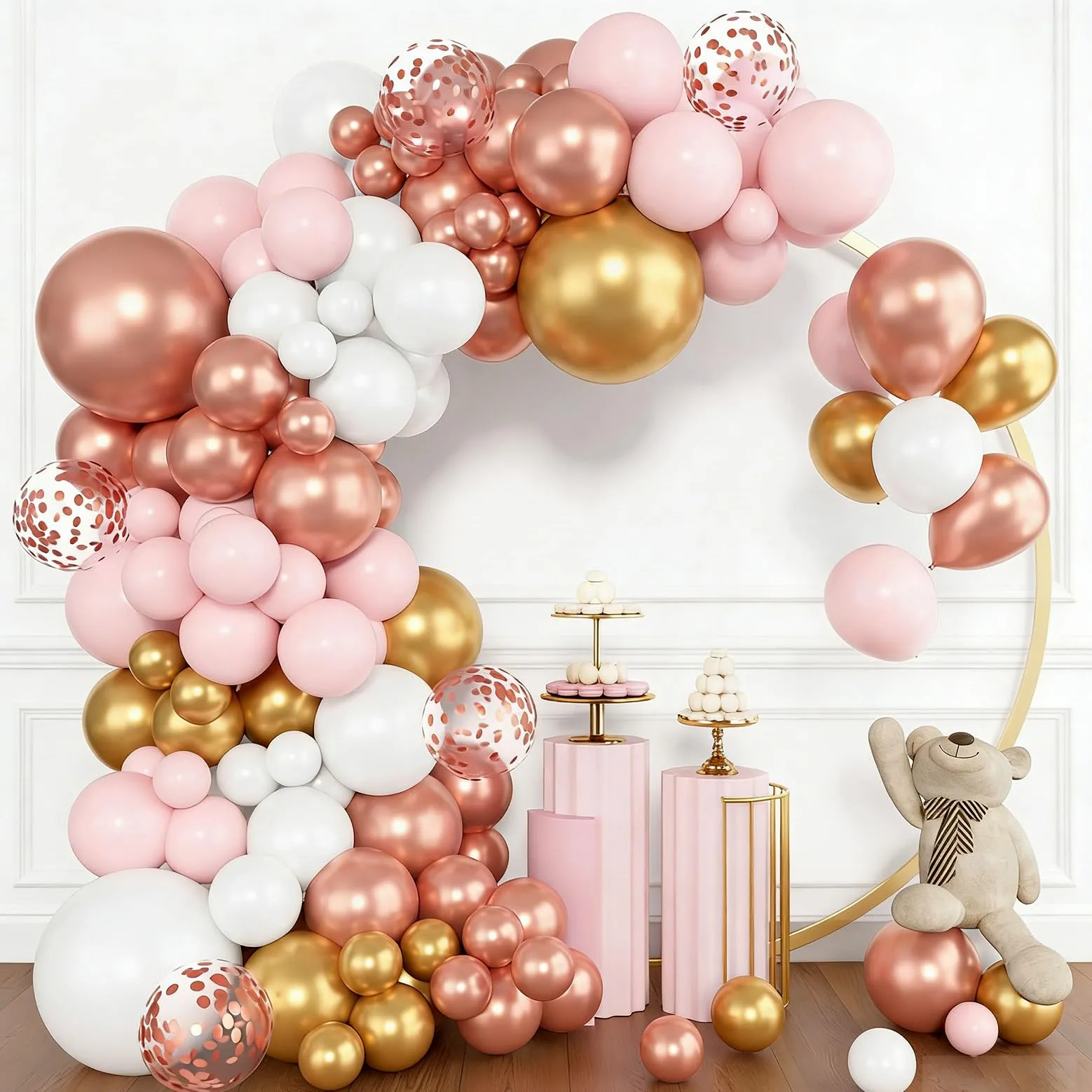 Frigg Arco di Palloncini Rosa Oro, 104 Pezzi - Rosa, Oro Metallizzato, Rosa Metallizzato, Bianchi e Coriandoli - immagine 3