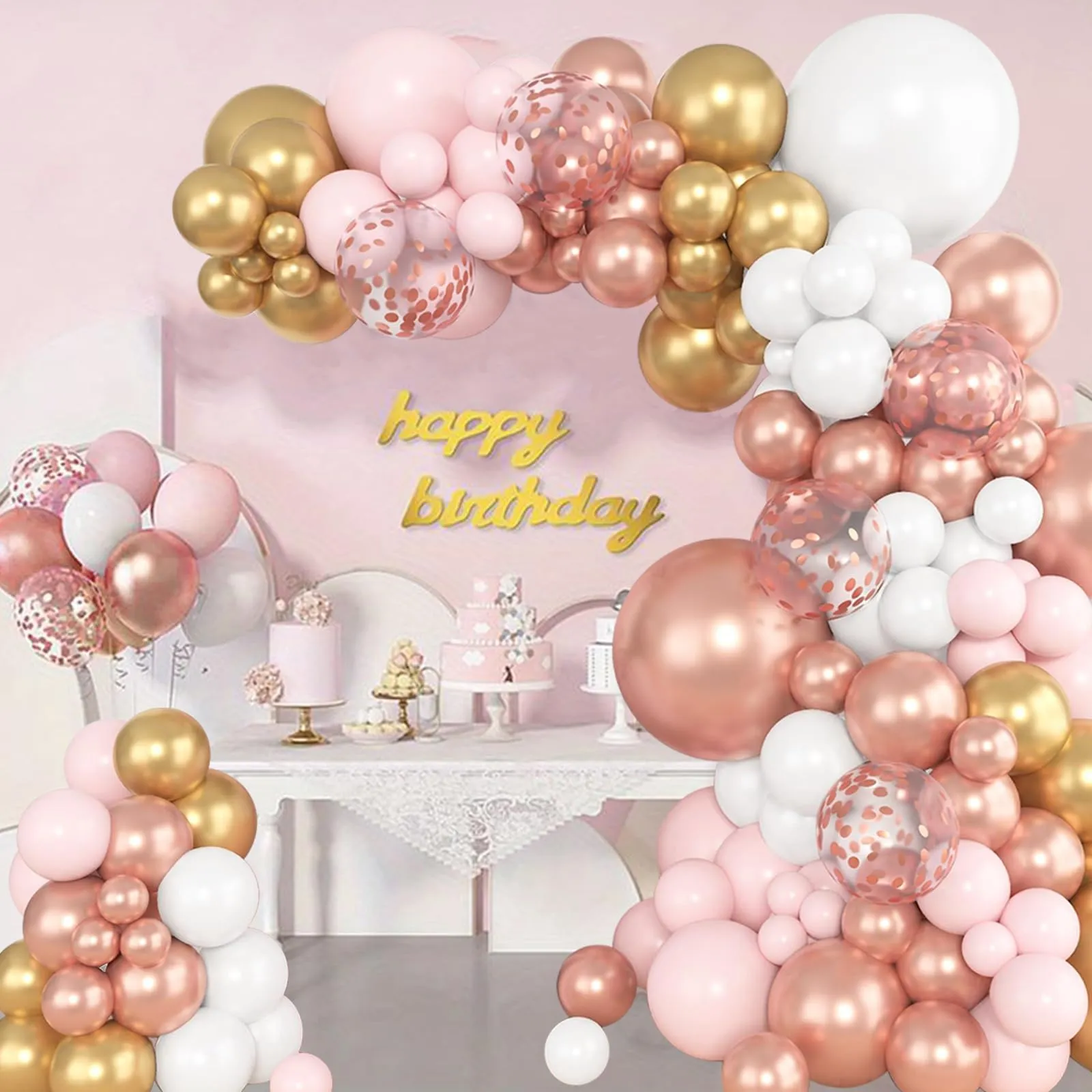 Frigg Arco di Palloncini Rosa Oro, 104 Pezzi - Rosa, Oro Metallizzato, Rosa Metallizzato, Bianchi e Coriandoli - immagine 5