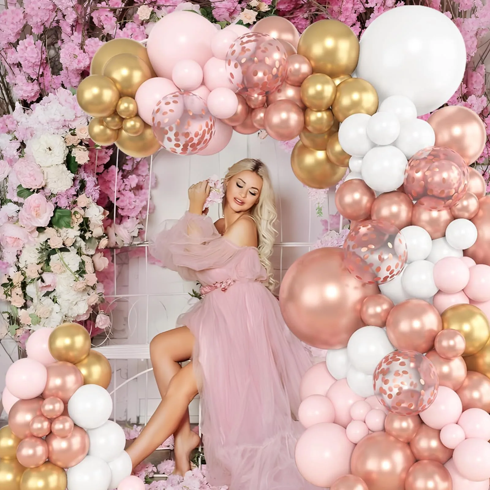 Frigg Arco di Palloncini Rosa Oro, 104 Pezzi - Rosa, Oro Metallizzato, Rosa Metallizzato, Bianchi e Coriandoli - immagine 6