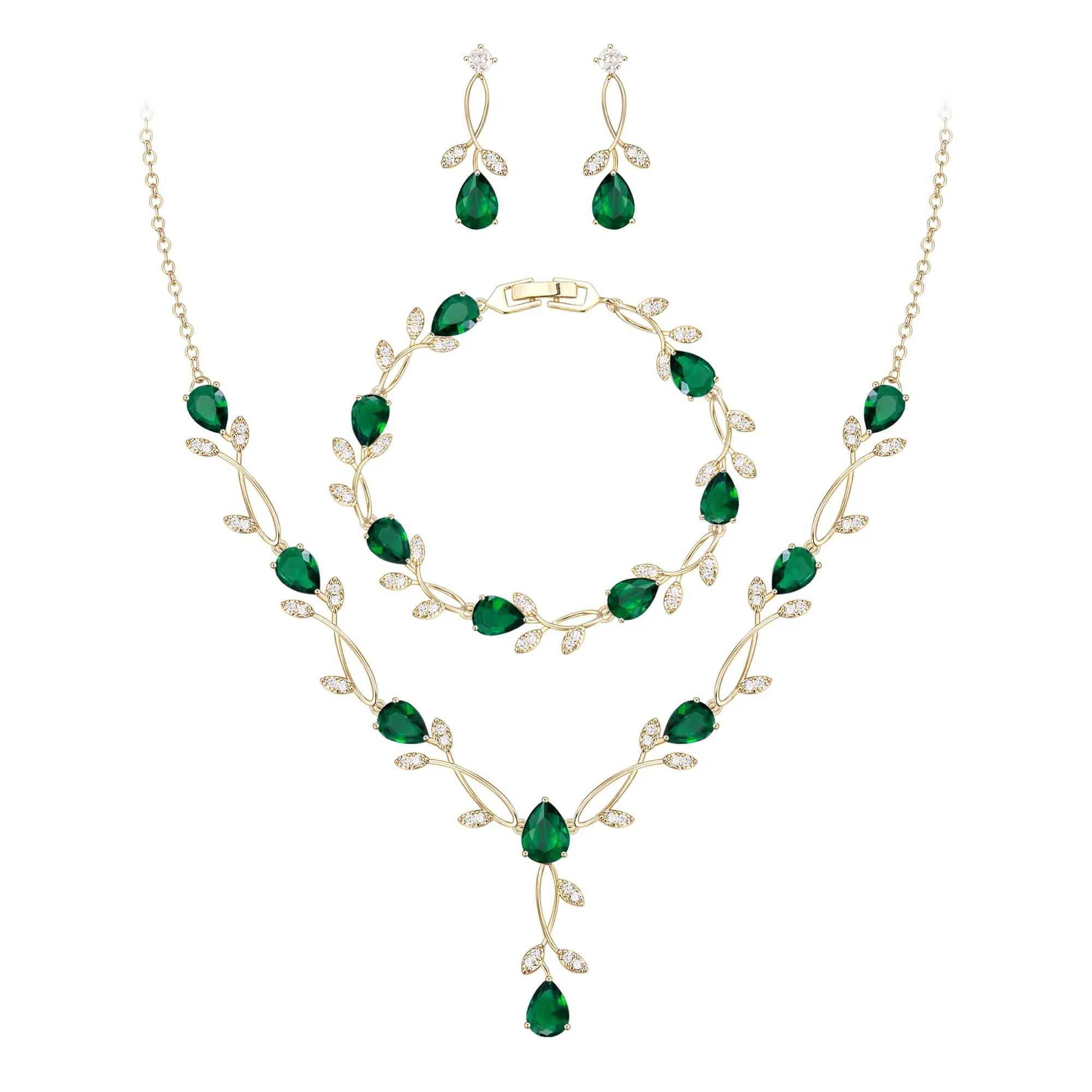 EVER FAITH Set di gioielli da sposa Teardrop Cubic Zirconia foglia di vite, collana, orecchini e bracciale da donna, 47.25 cm - immagine 1