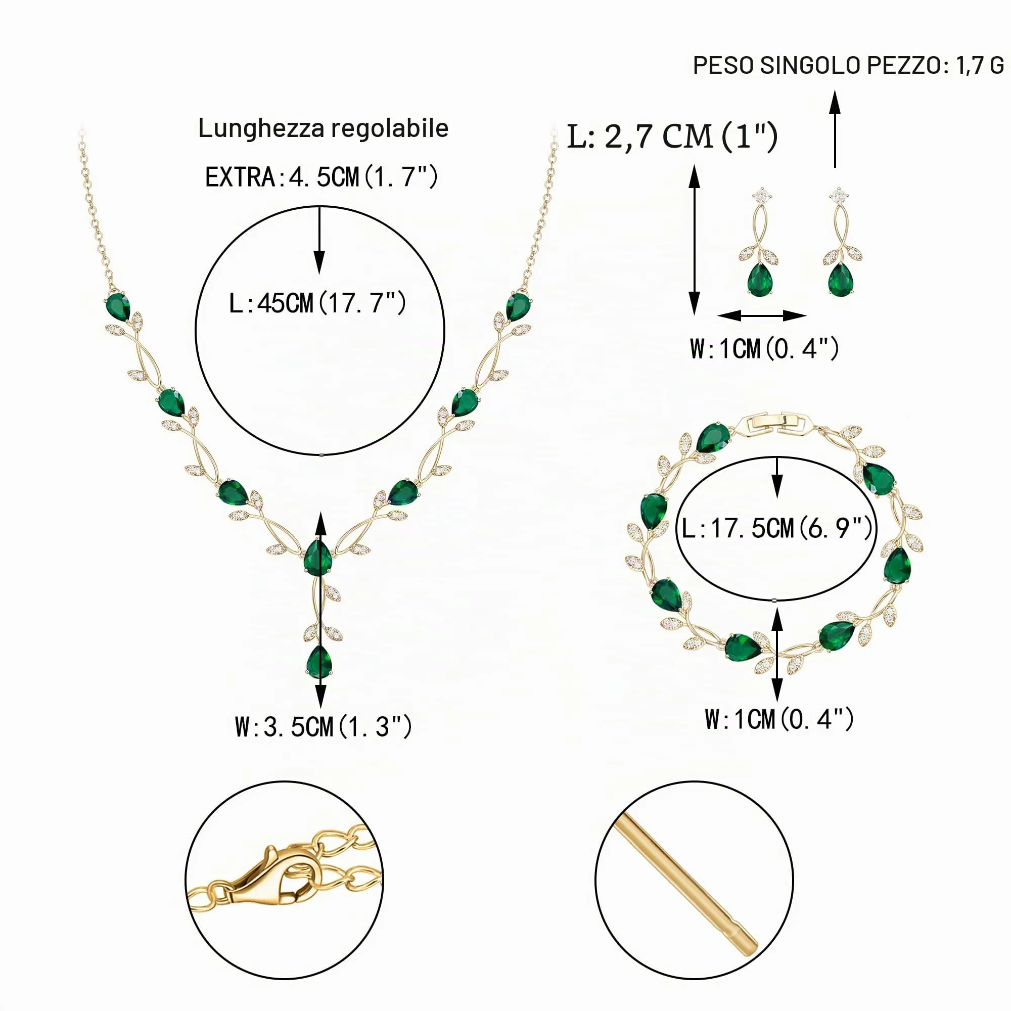 EVER FAITH Set di gioielli da sposa Teardrop Cubic Zirconia foglia di vite, collana, orecchini e bracciale da donna, 47.25 cm - immagine 4