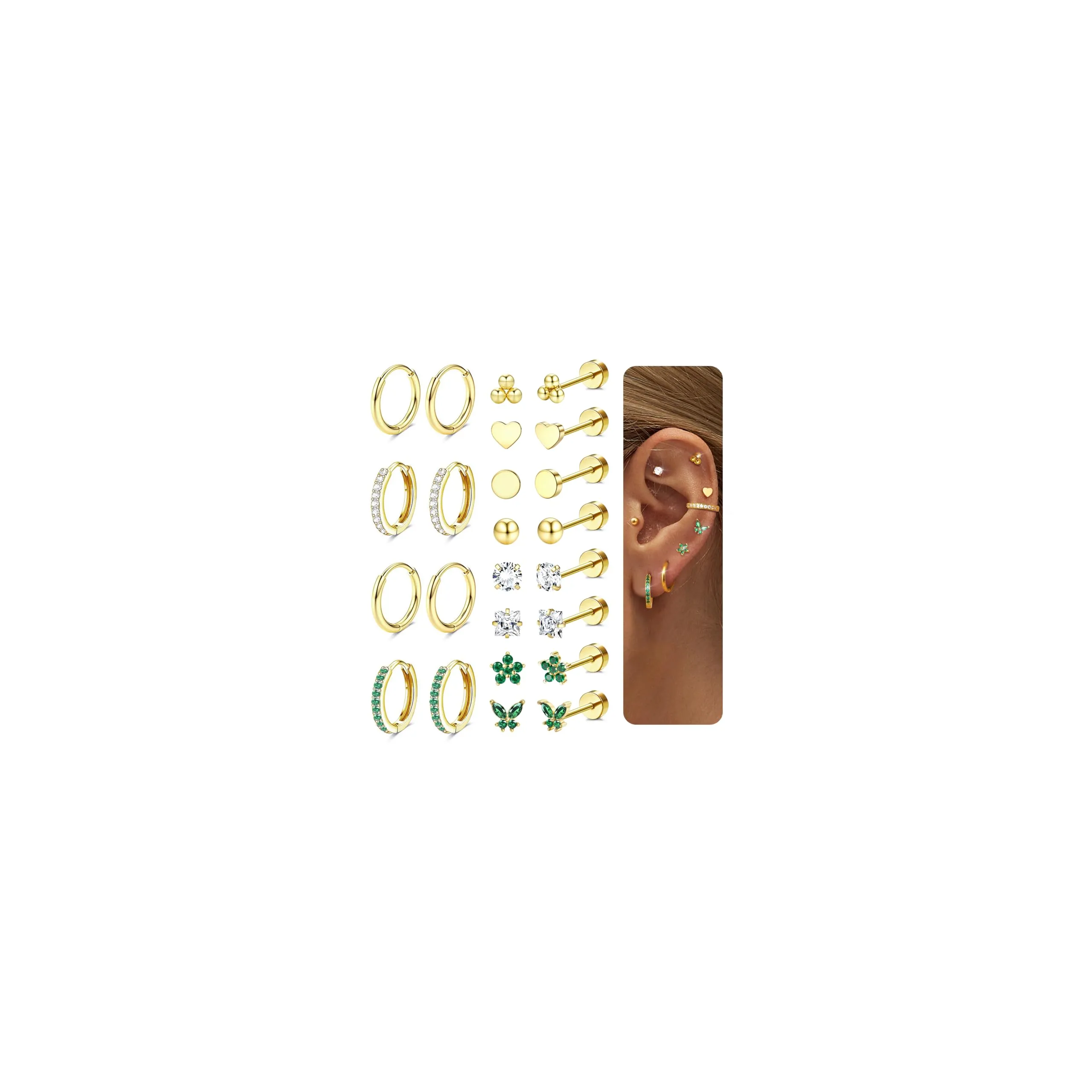 Diamday Set 12 Paia Orecchini Donna in Acciaio Chirurgico 316L Placcati Oro 14K, Ipoallergenici per Helix, Cartilagine e Multi Piercing - immagine 1