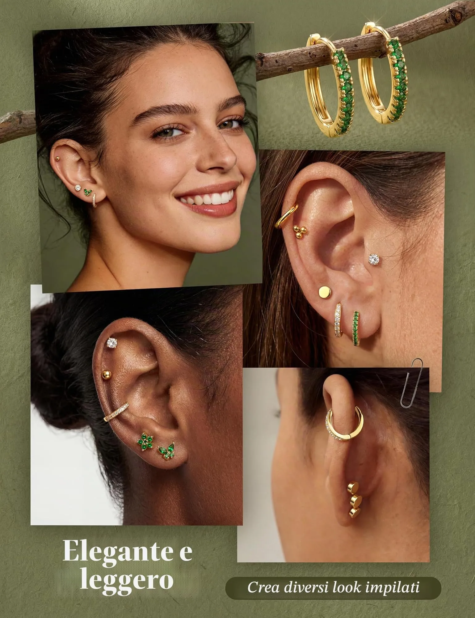 Diamday Set 12 Paia Orecchini Donna in Acciaio Chirurgico 316L Placcati Oro 14K, Ipoallergenici per Helix, Cartilagine e Multi Piercing - immagine 4