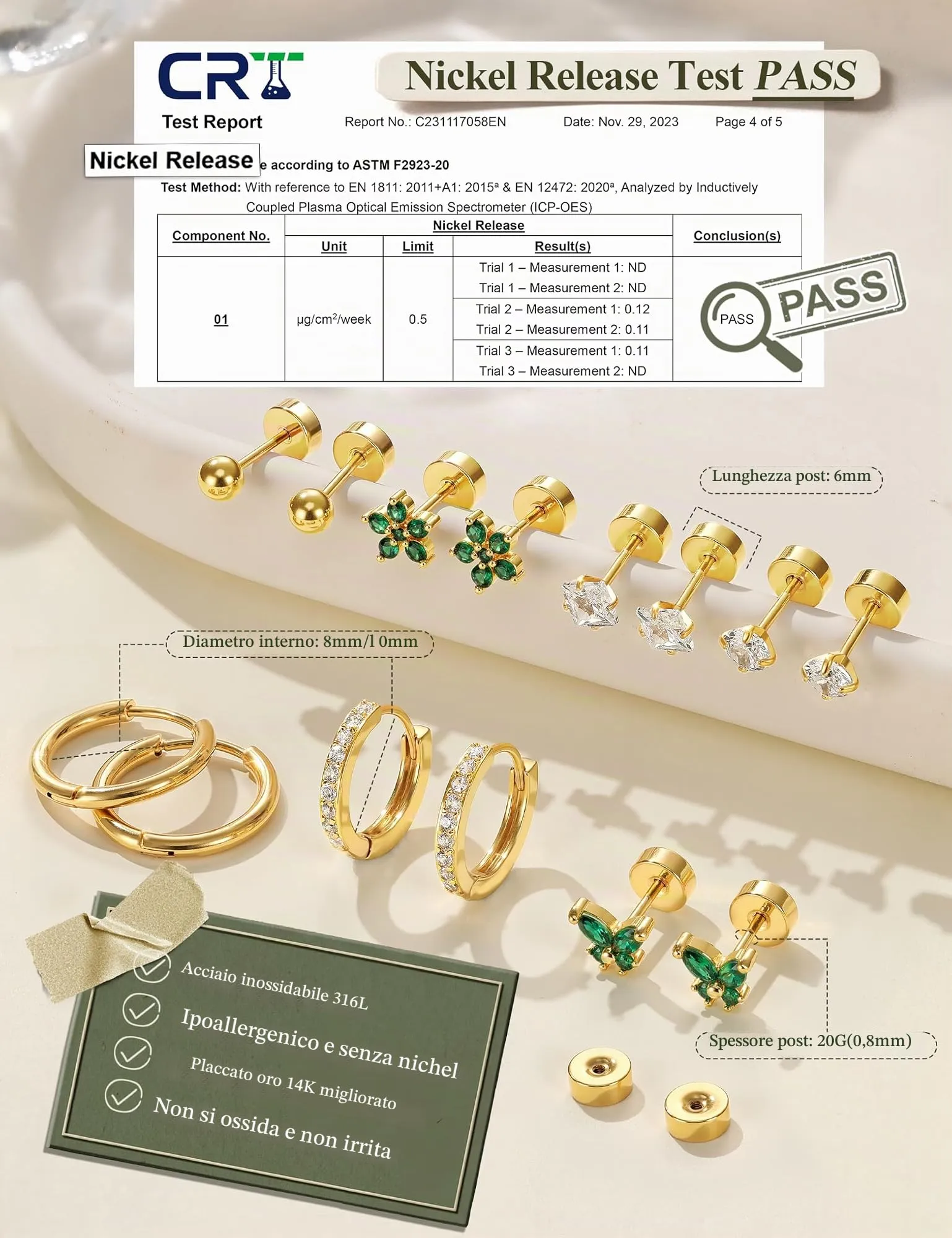 Diamday Set 12 Paia Orecchini Donna in Acciaio Chirurgico 316L Placcati Oro 14K, Ipoallergenici per Helix, Cartilagine e Multi Piercing - immagine 5