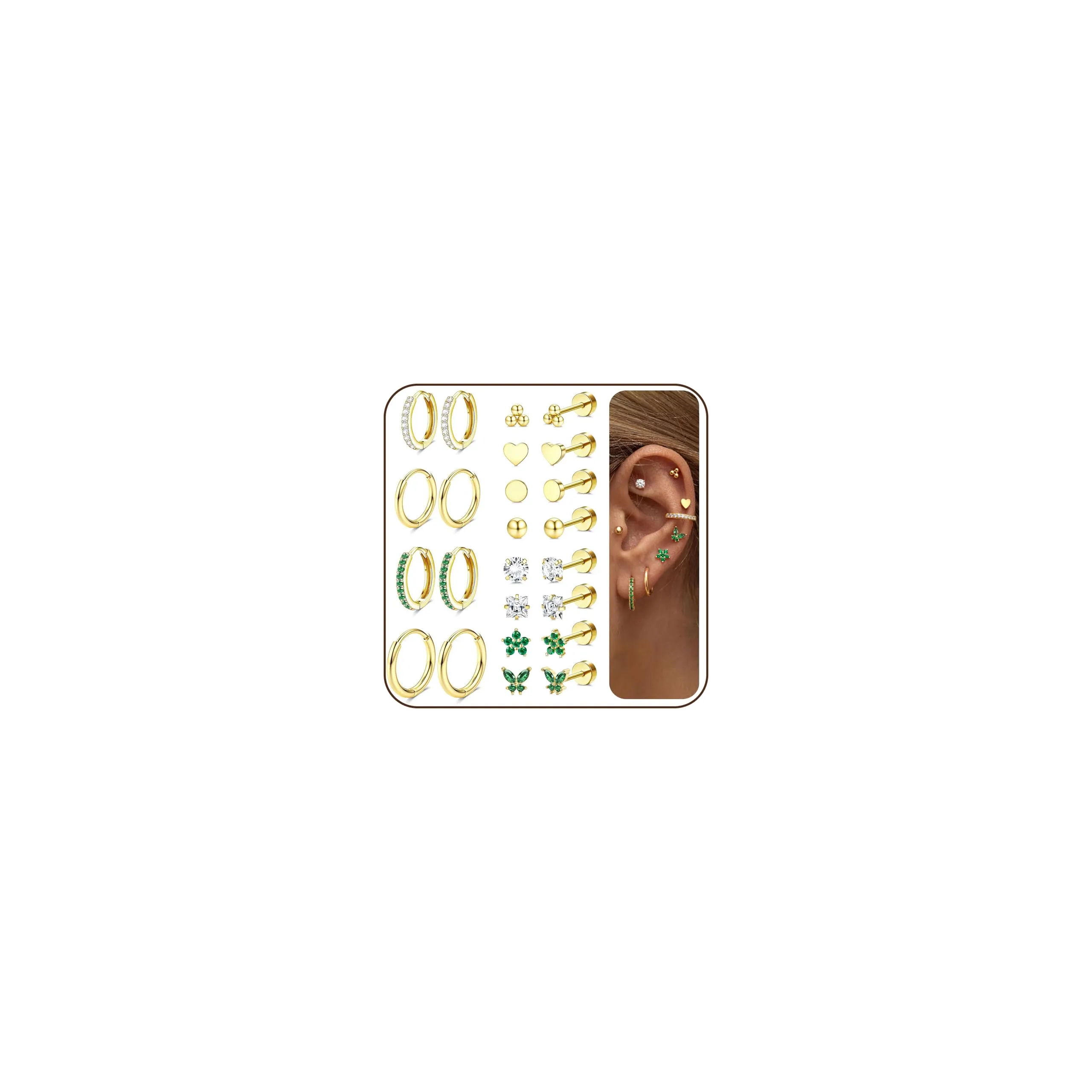 Diamday Set 12 Paia Orecchini Donna in Acciaio Chirurgico 316L Placcati Oro 14K, Ipoallergenici per Helix, Cartilagine e Multi Piercing - immagine 8