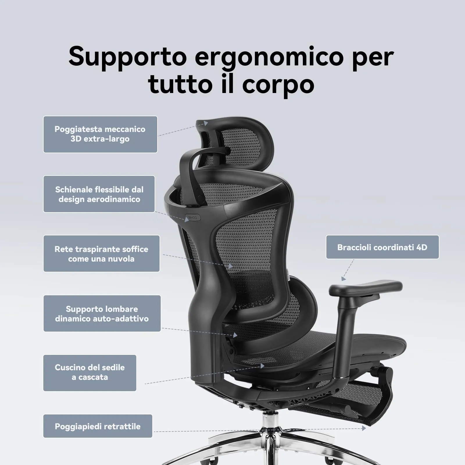SIHOO Doro C300 Sedia da Ufficio Ergonomica con Supporto Lombare Dinamico, Braccioli 3D e Poggiapiedi, Nero (150kg) - immagine 6