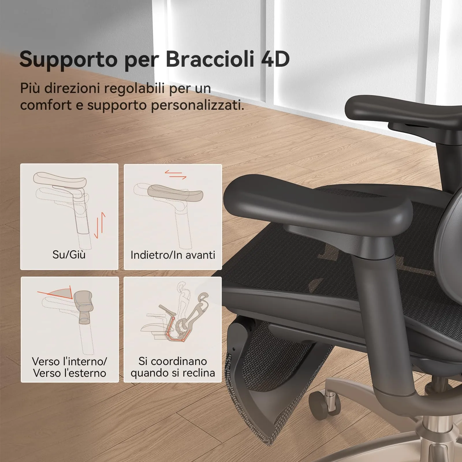 SIHOO Doro C300 Sedia da Ufficio Ergonomica con Supporto Lombare Dinamico, Braccioli 3D e Poggiapiedi, Nero (150kg) - immagine 7